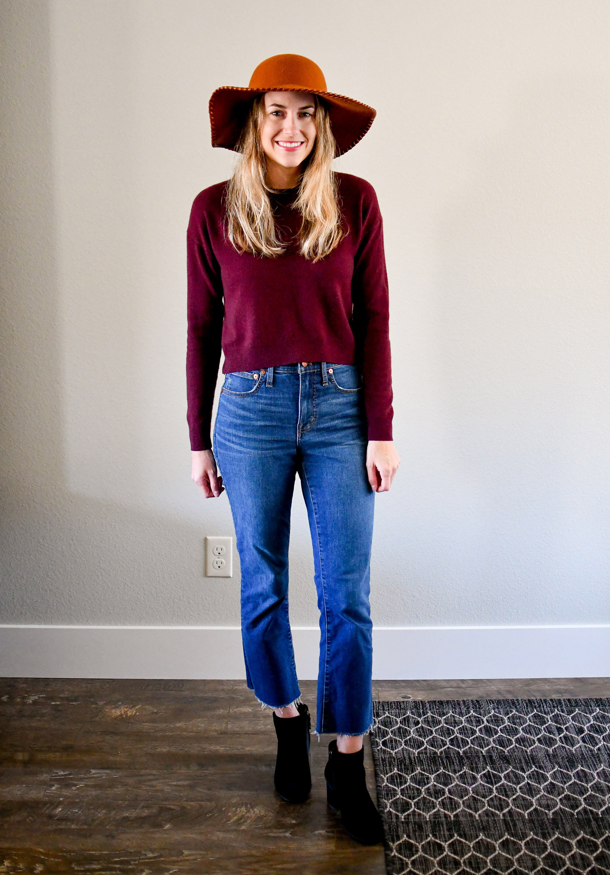 Madewell Cali demi-boot jeans casual fall outfit with burgundy sweater — Cotton Cashmere Cat Hair