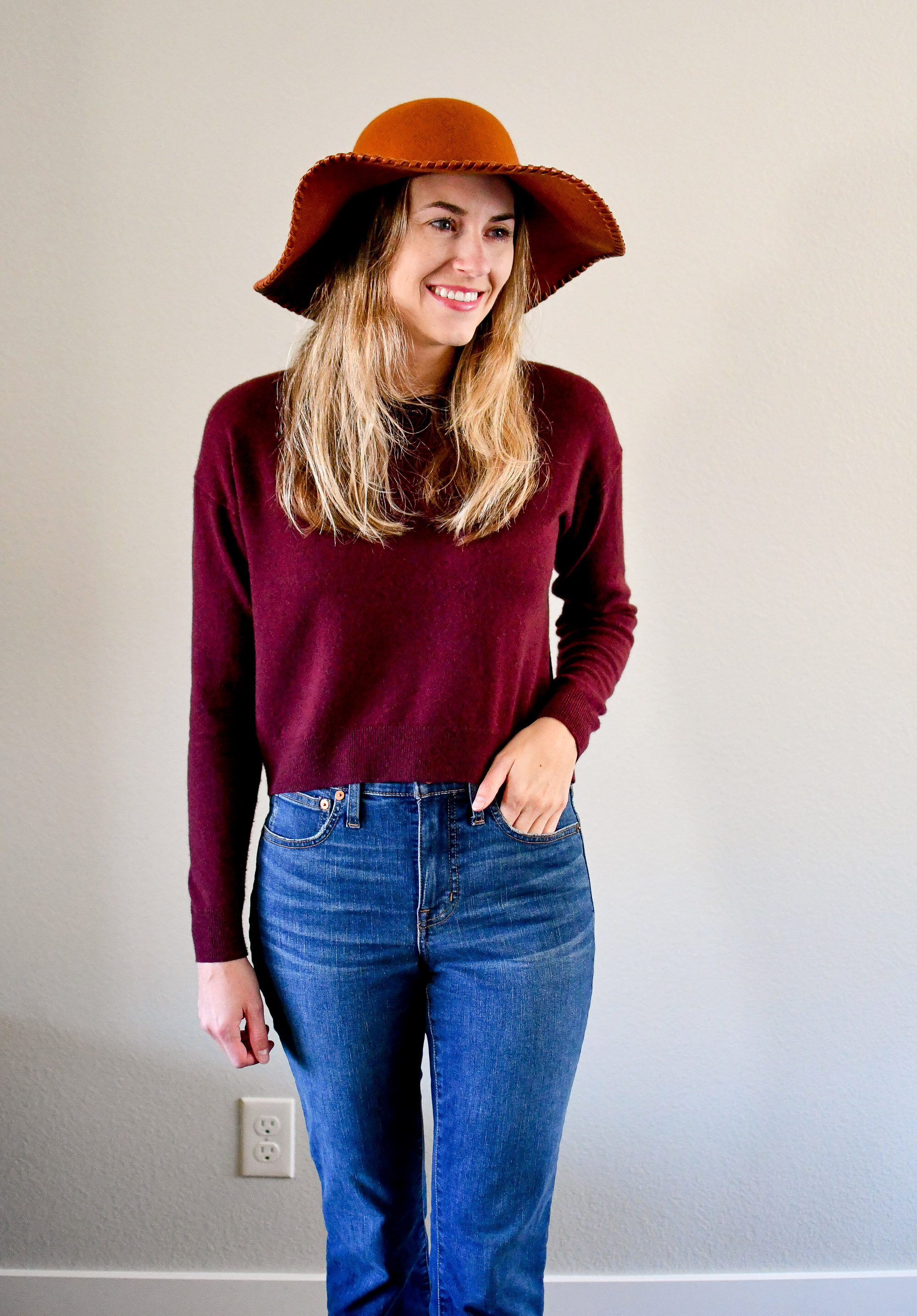 Brown floppy hat + burgundy crop cashmere sweater — Cotton Cashmere Cat Hair
