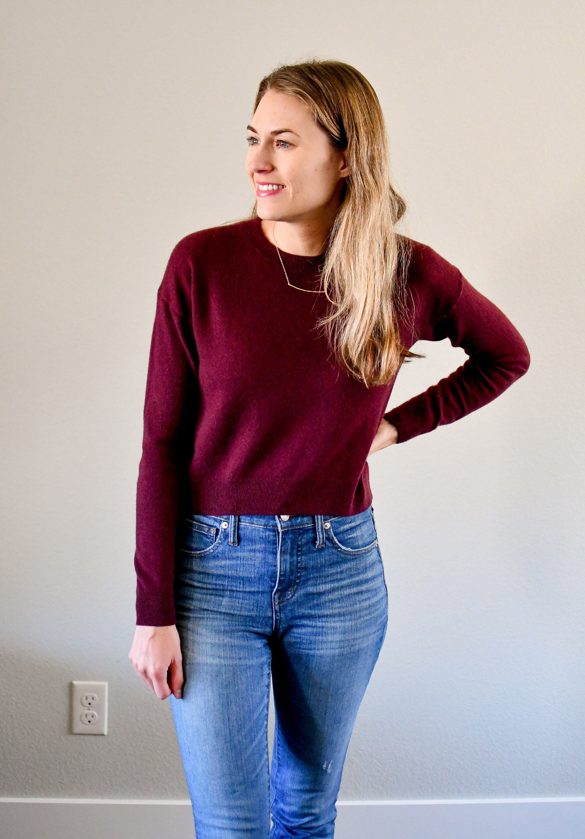 Gorjana 'Taner' bar necklace outfit with burgundy cropped sweater — Cotton Cashmere Cat Hair