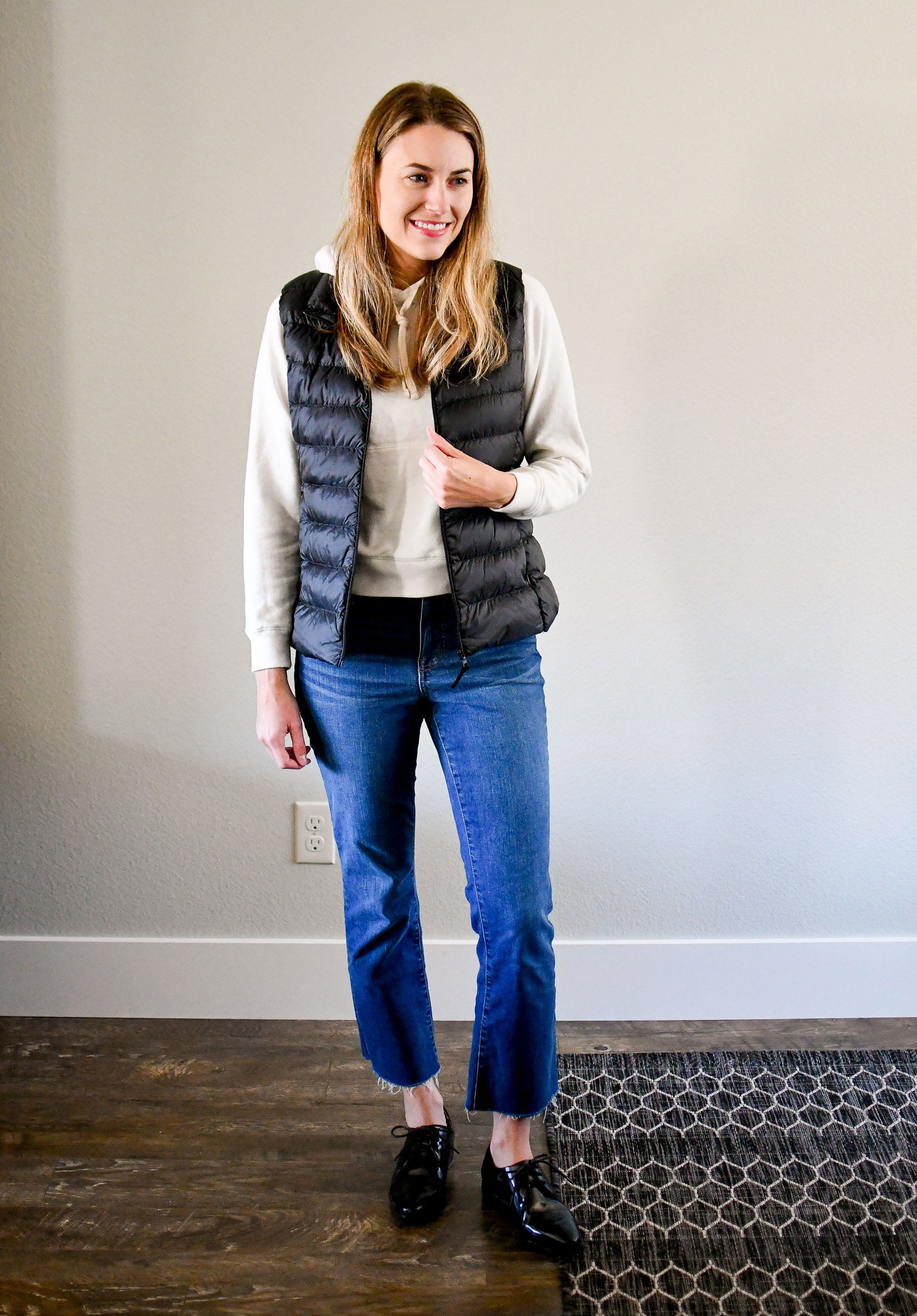 Puffer vest fall outfit with Everlane lightweight French terry hoodie — Cotton Cashmere Cat Hair