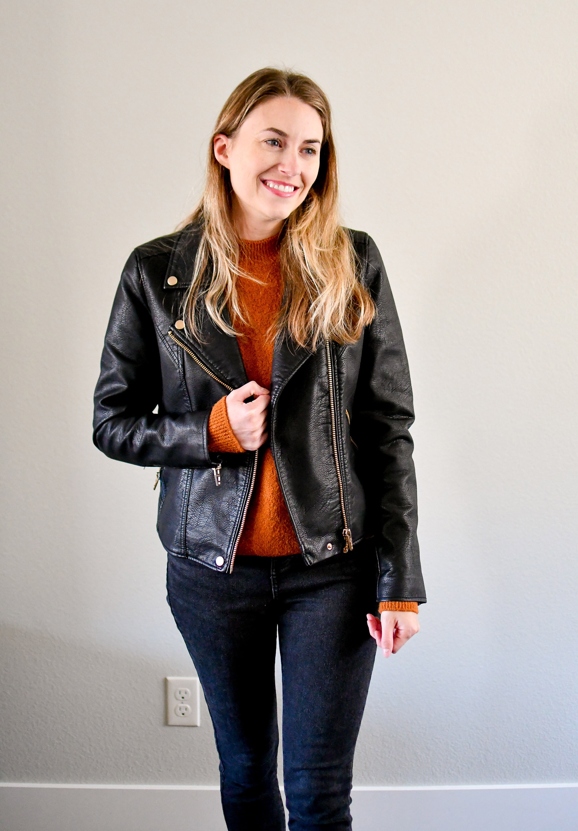 Black leather jacket fall outfit with brown sweater — Cotton Cashmere Cat Hair