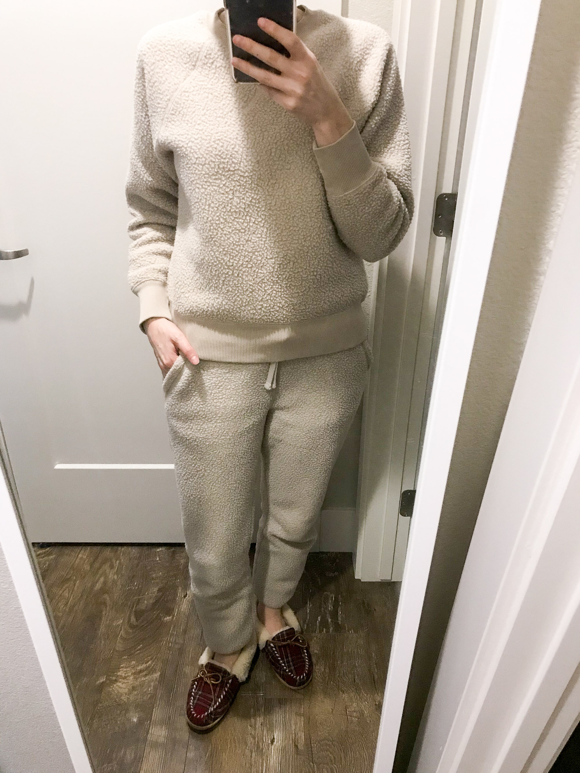 Work from home outfit: Everlane ReNew sweatshirt + sweatpants — Cotton Cashmere Cat Hair