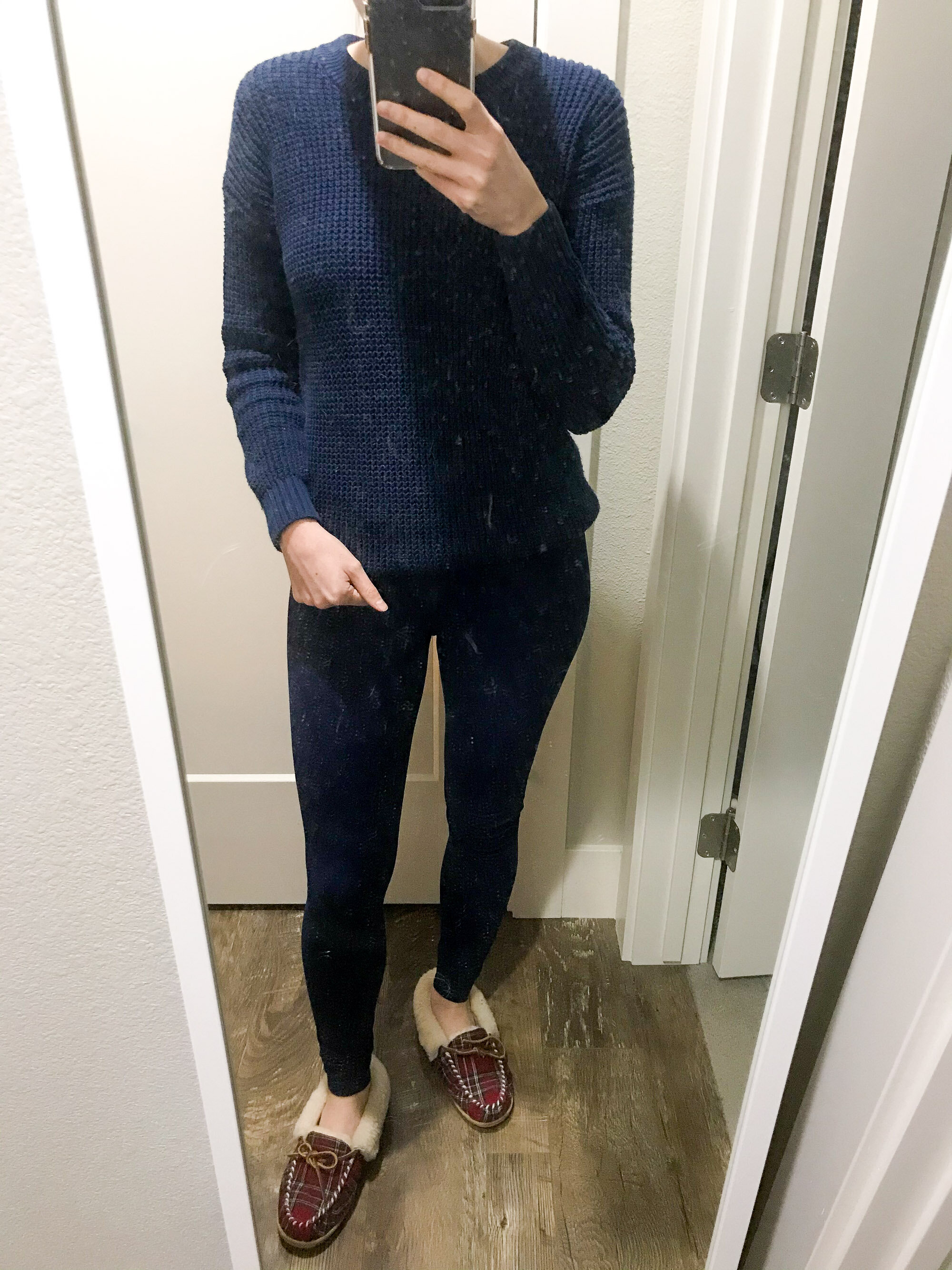 Work from home outfit: waffle knit sweater + leggings — Cotton Cashmere Cat Hair