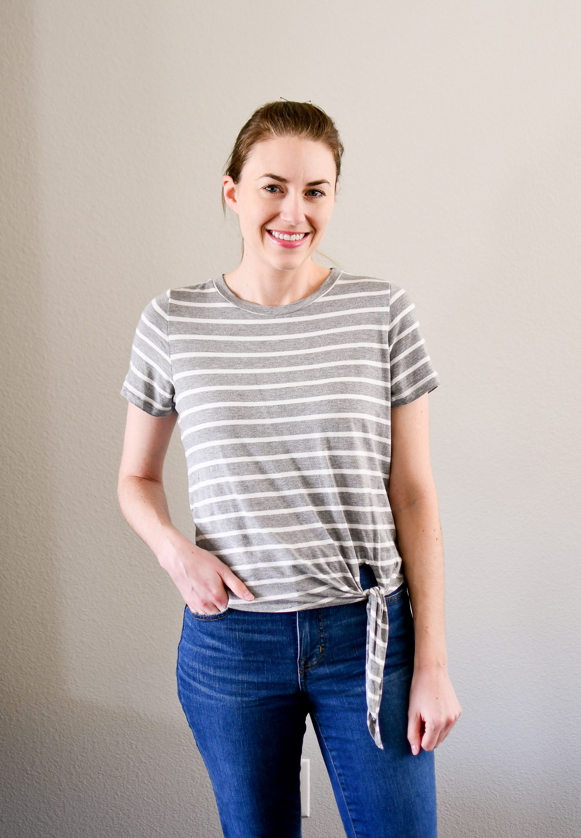 Amour Vert Julita grey modal striped side-tie tee review — Cotton Cashmere Cat Hair