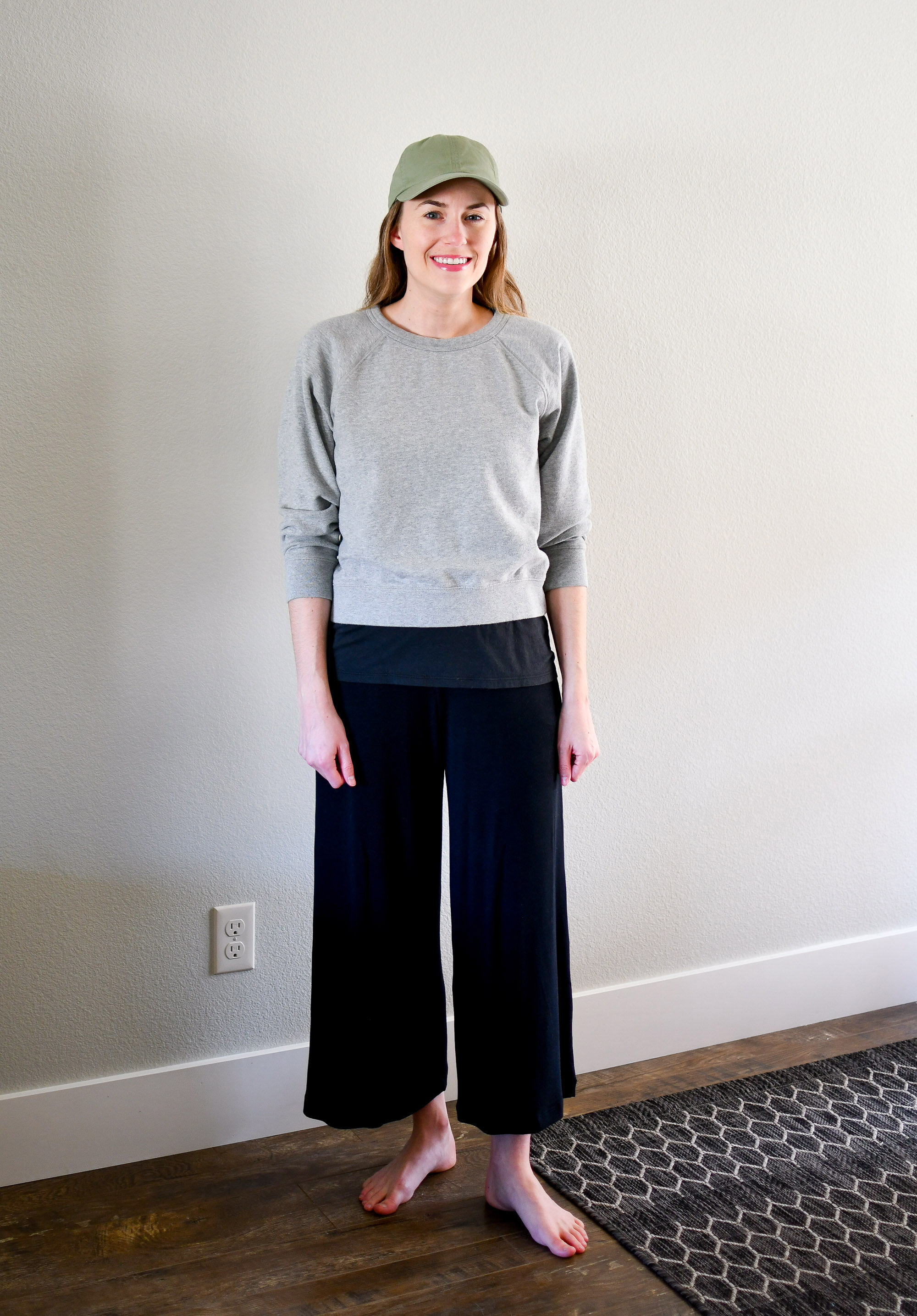 Work from home outfit with grey sweatshirt and black wide leg pants — Cotton Cashmere Cat Hair