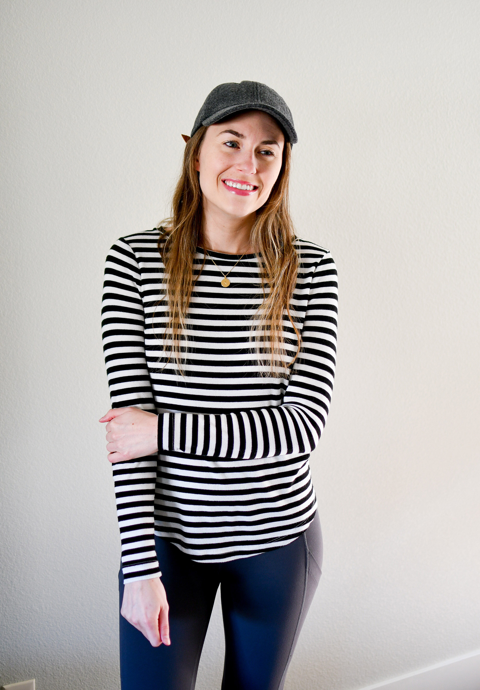 Wool baseball cap casual outfit with black and white striped tee — Cotton Cashmere Cat Hair
