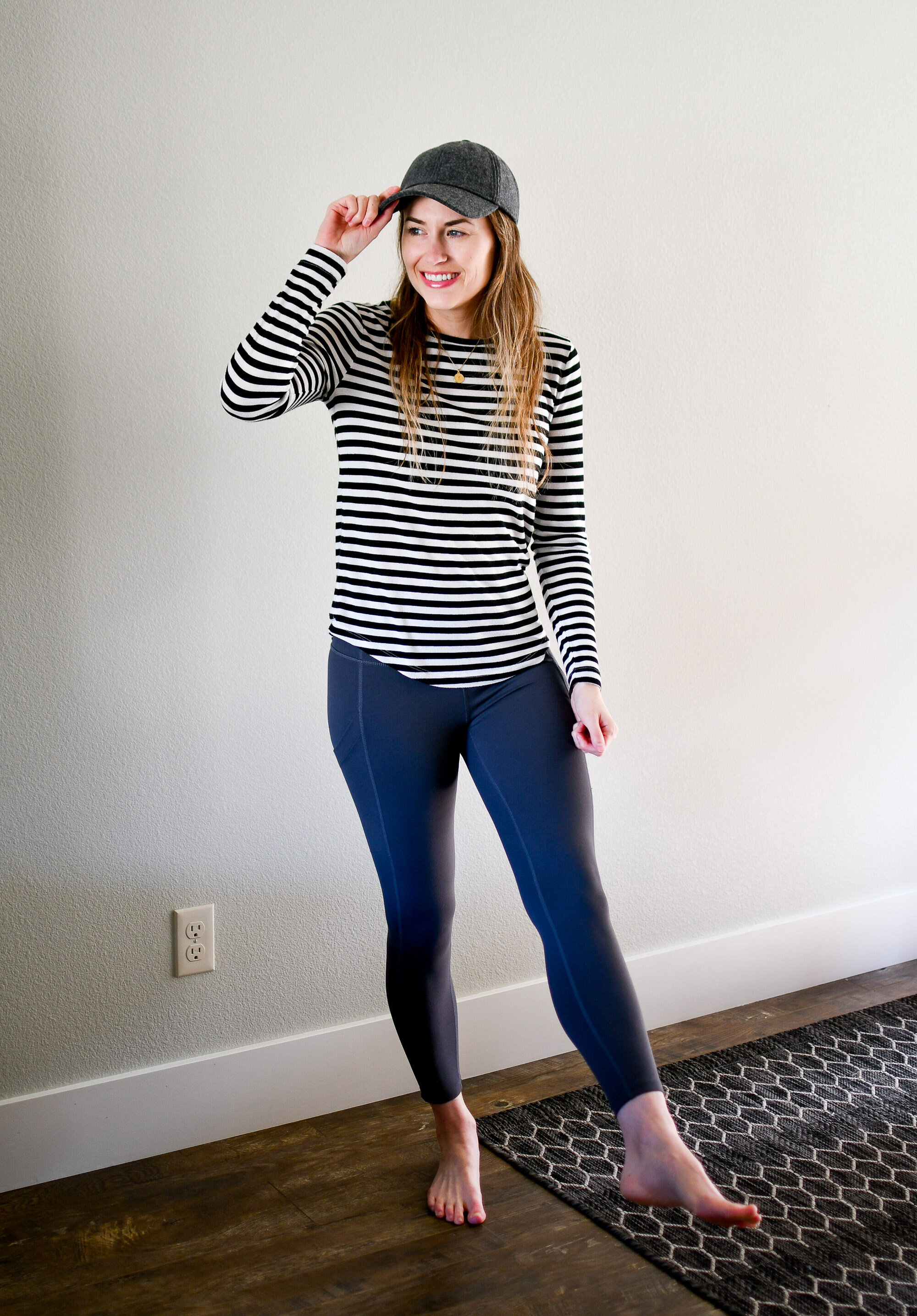 Work from home outfit with striped tee and grey Zella leggings — Cotton Cashmere Cat Hair