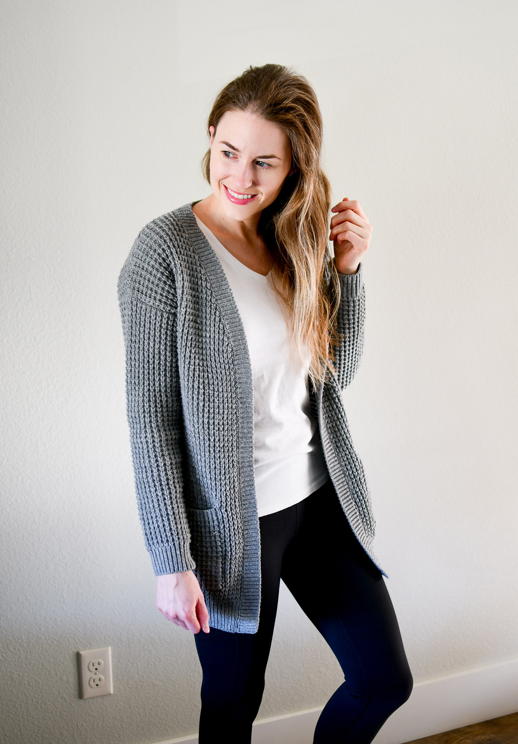 Grey chunky knit cardigan outfit with white tee — Cotton Cashmere Cat Hair