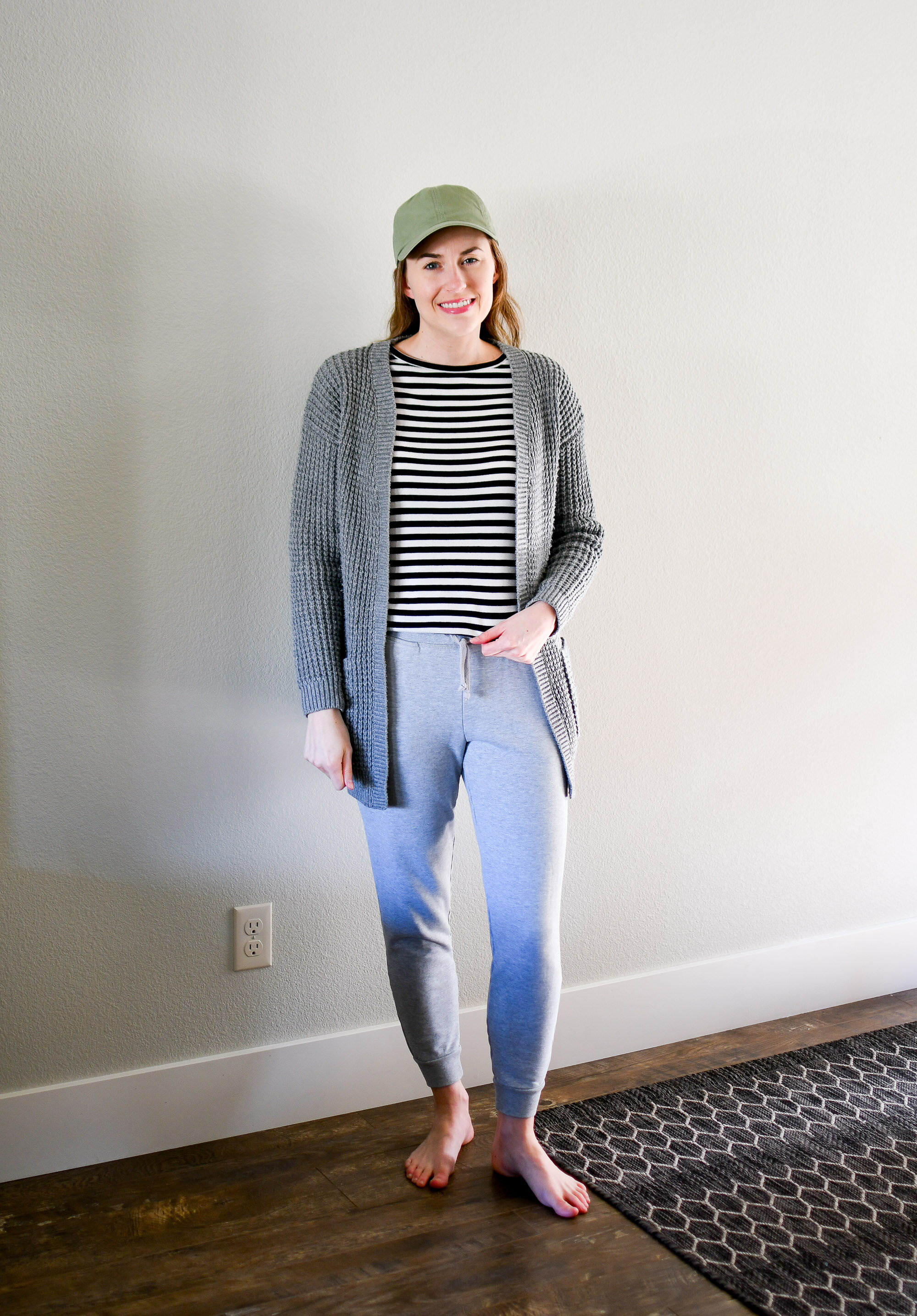 Work from home outfit with grey cardigan, striped tee, grey joggers, olive hat — Cotton Cashmere Cat Hair