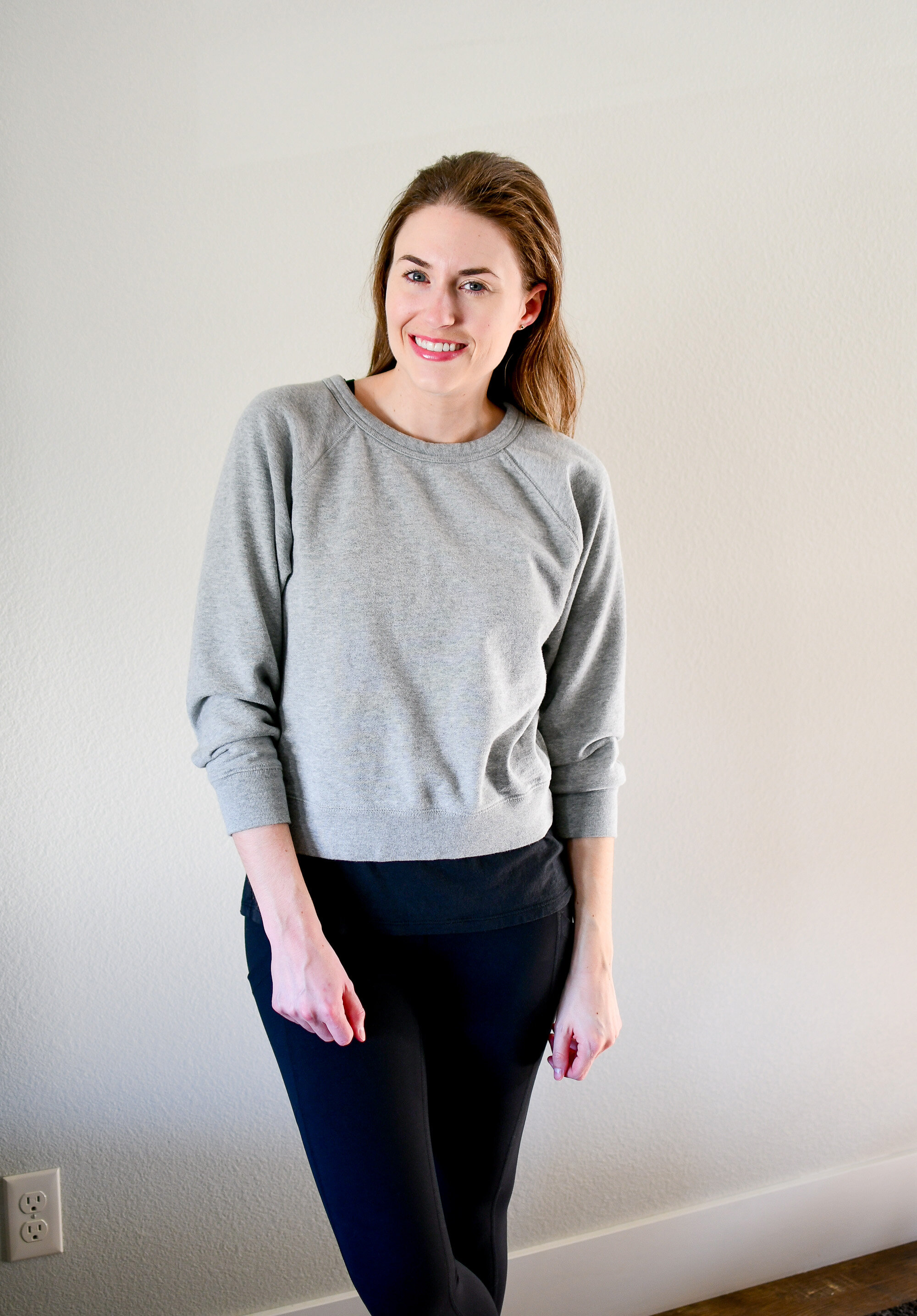 At home casual outfit with grey sweatshirt and leggings — Cotton Cashmere Cat Hair