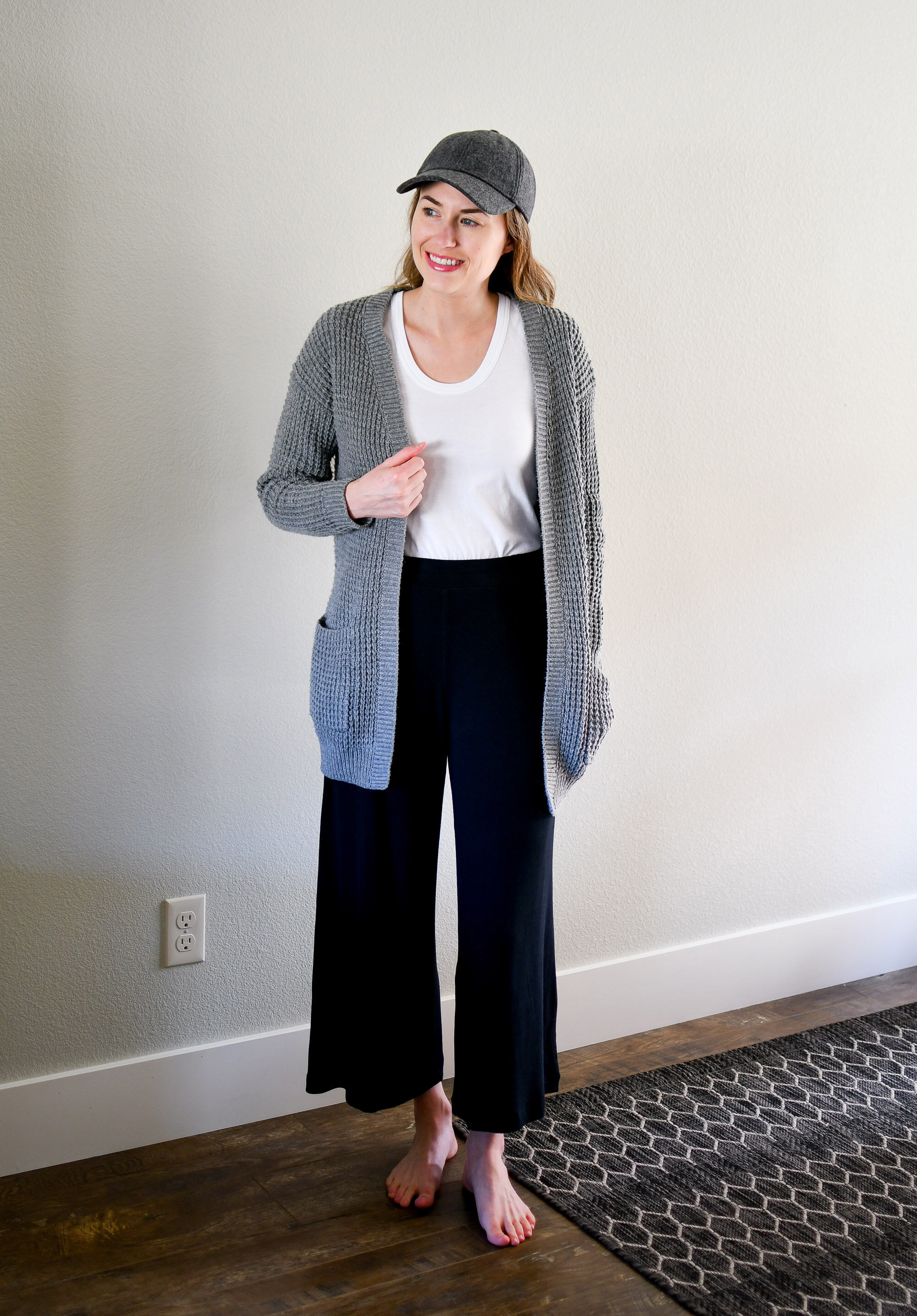 Casual weekend outfit with waffle knit cardigan and wide leg lounge pants — Cotton Cashmere Cat Hair
