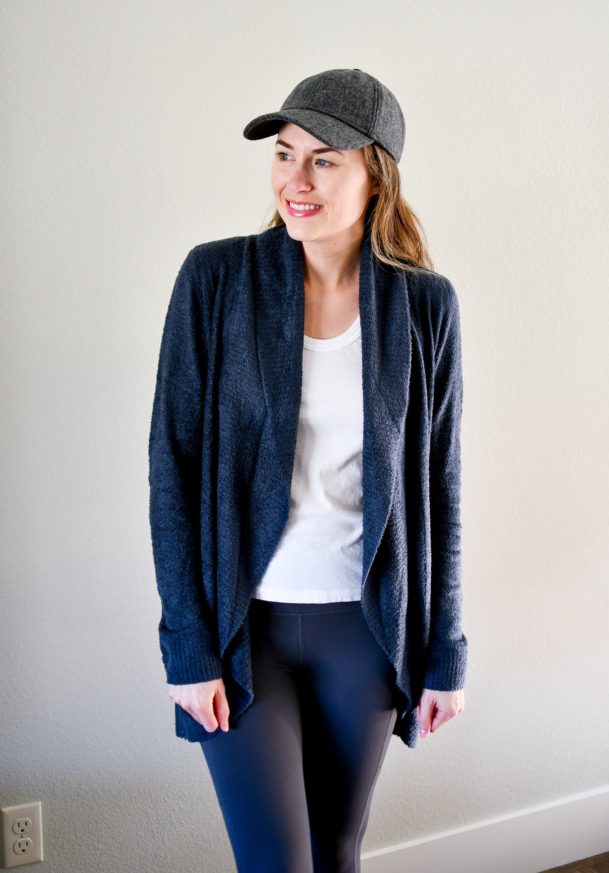 Barefoot Dreams navy circle cardigan outfit with wool hat and white tank — Cotton Cashmere Cat Hair