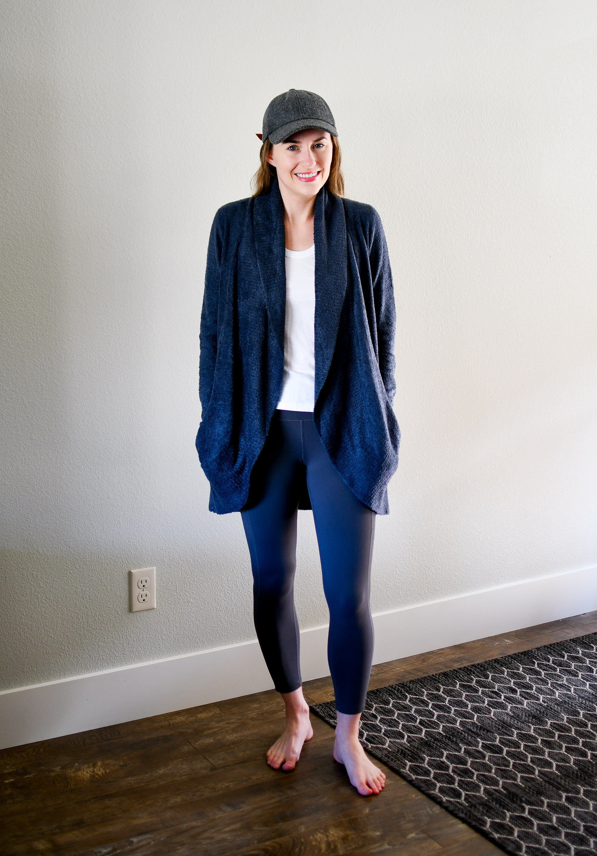 Work from home outfit with navy cardigan and grey leggings — Cotton Cashmere Cat Hair