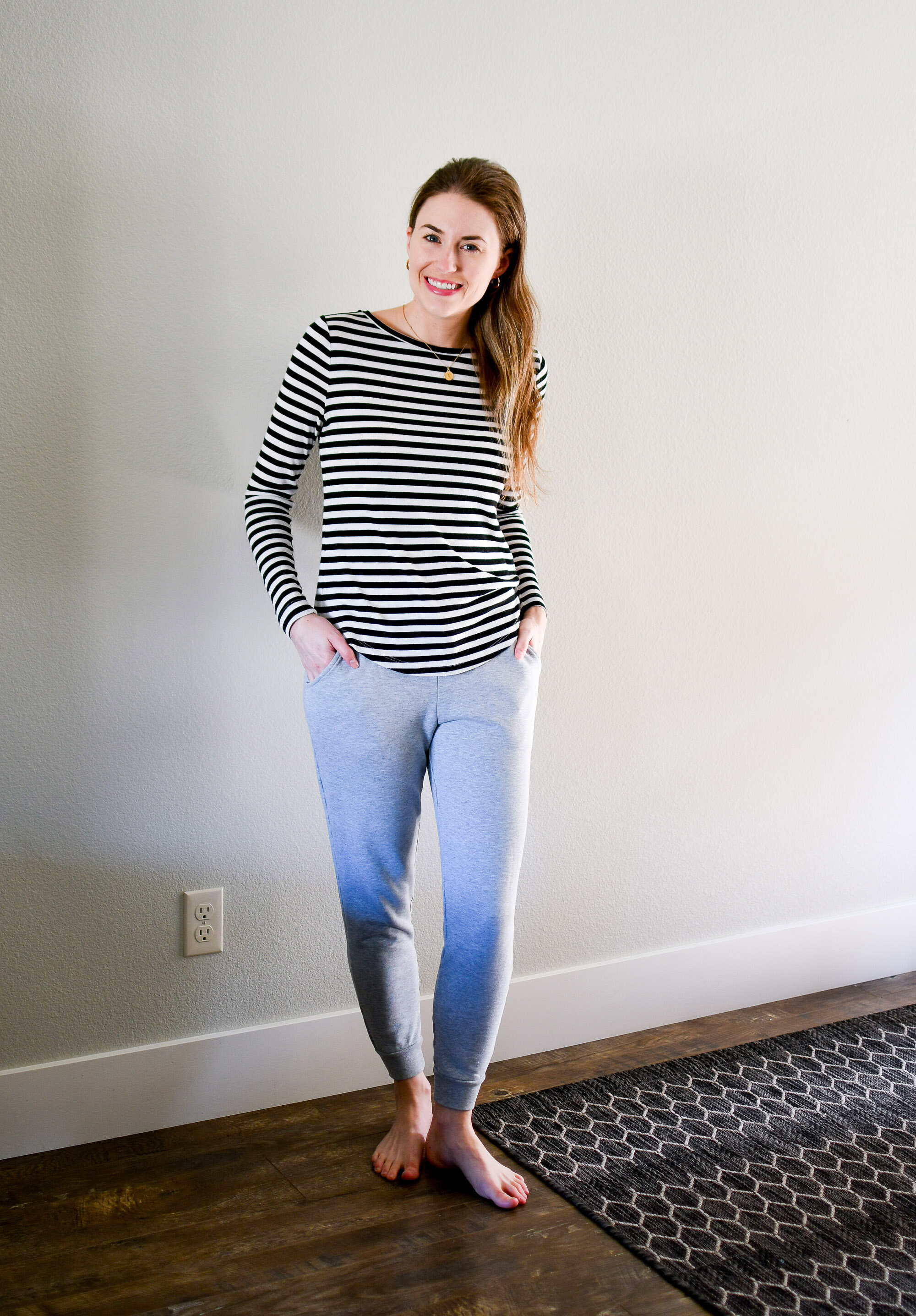Work from home outfit with striped tee and grey joggers — Cotton Cashmere Cat Hair