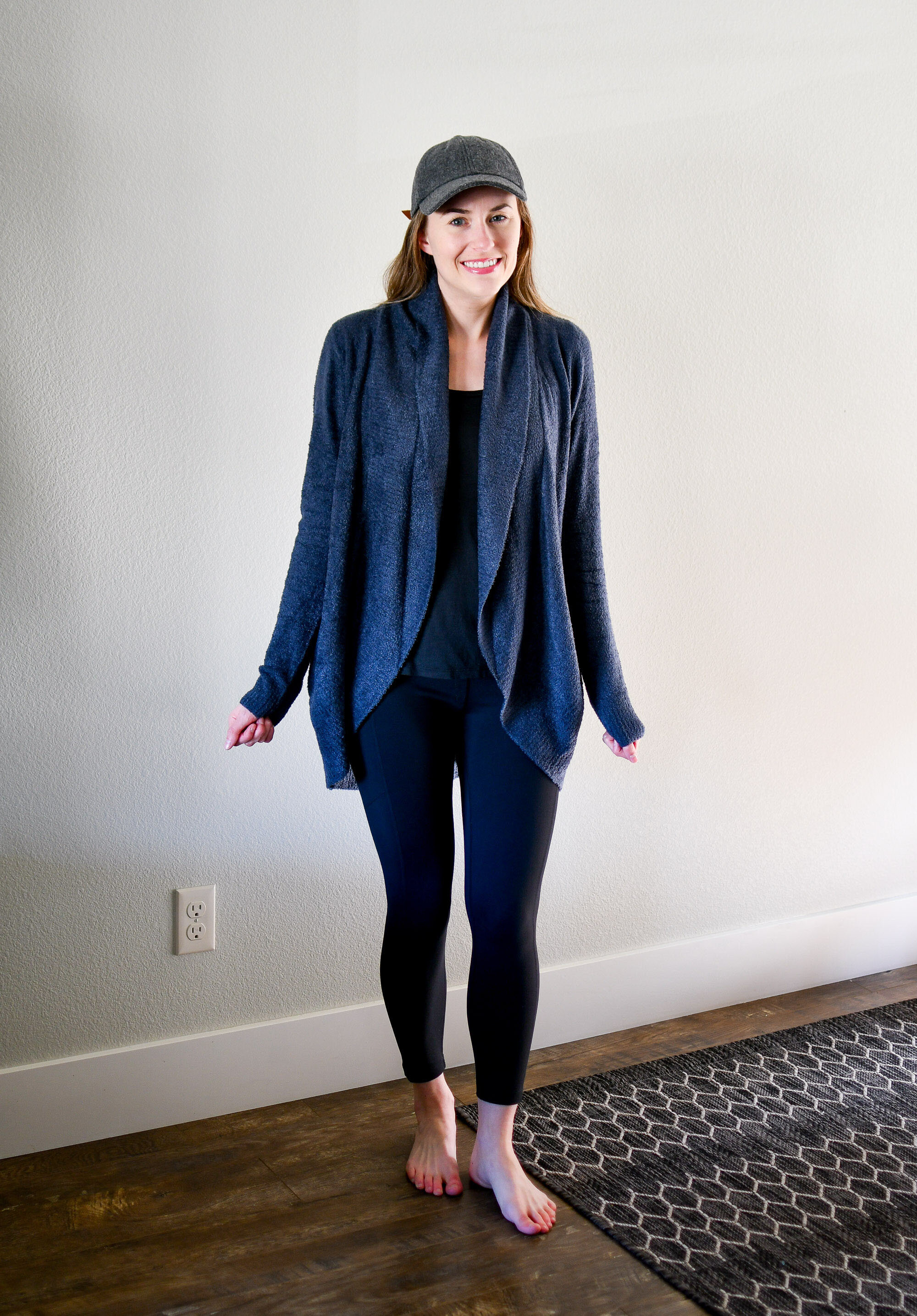Work from home spring outfit with Barefoot Dreams cardigan and Zella leggings — Cotton Cashmere Cat Hair