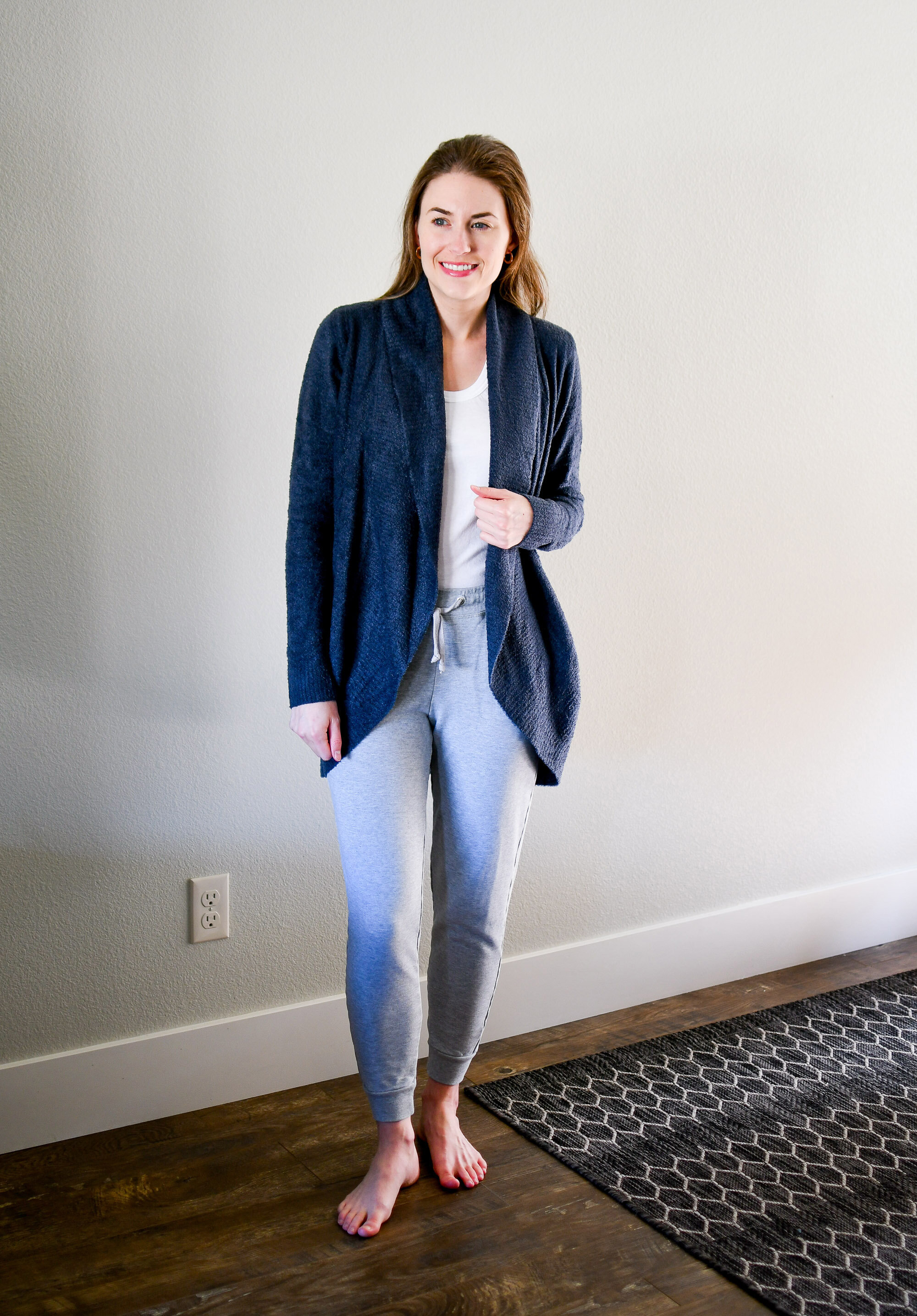 Casual work from home outfit with navy cardigan and grey joggers — Cotton Cashmere Cat Hair