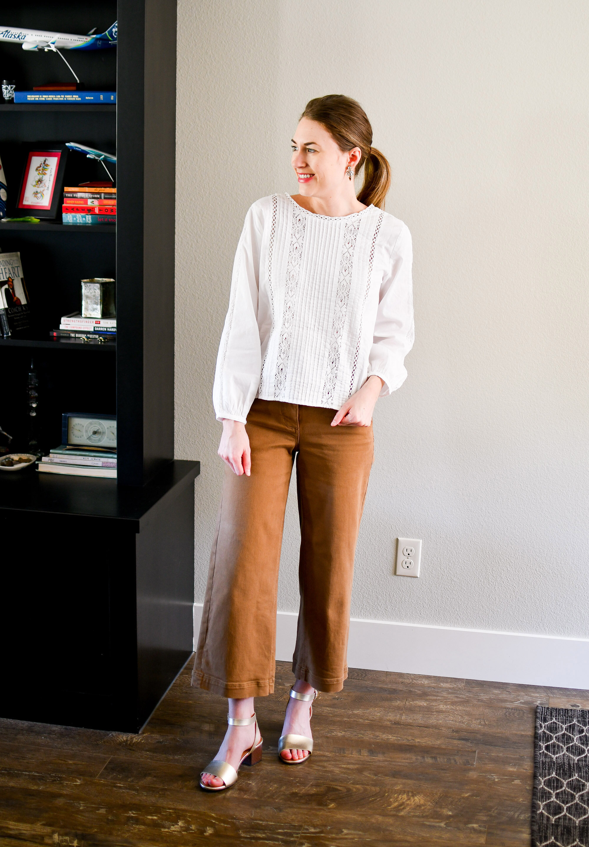 Vetta Capsule lace button up blouse + Everlane wide leg crop pants in ochre spring work outfit — Cotton Cashmere Cat Hair