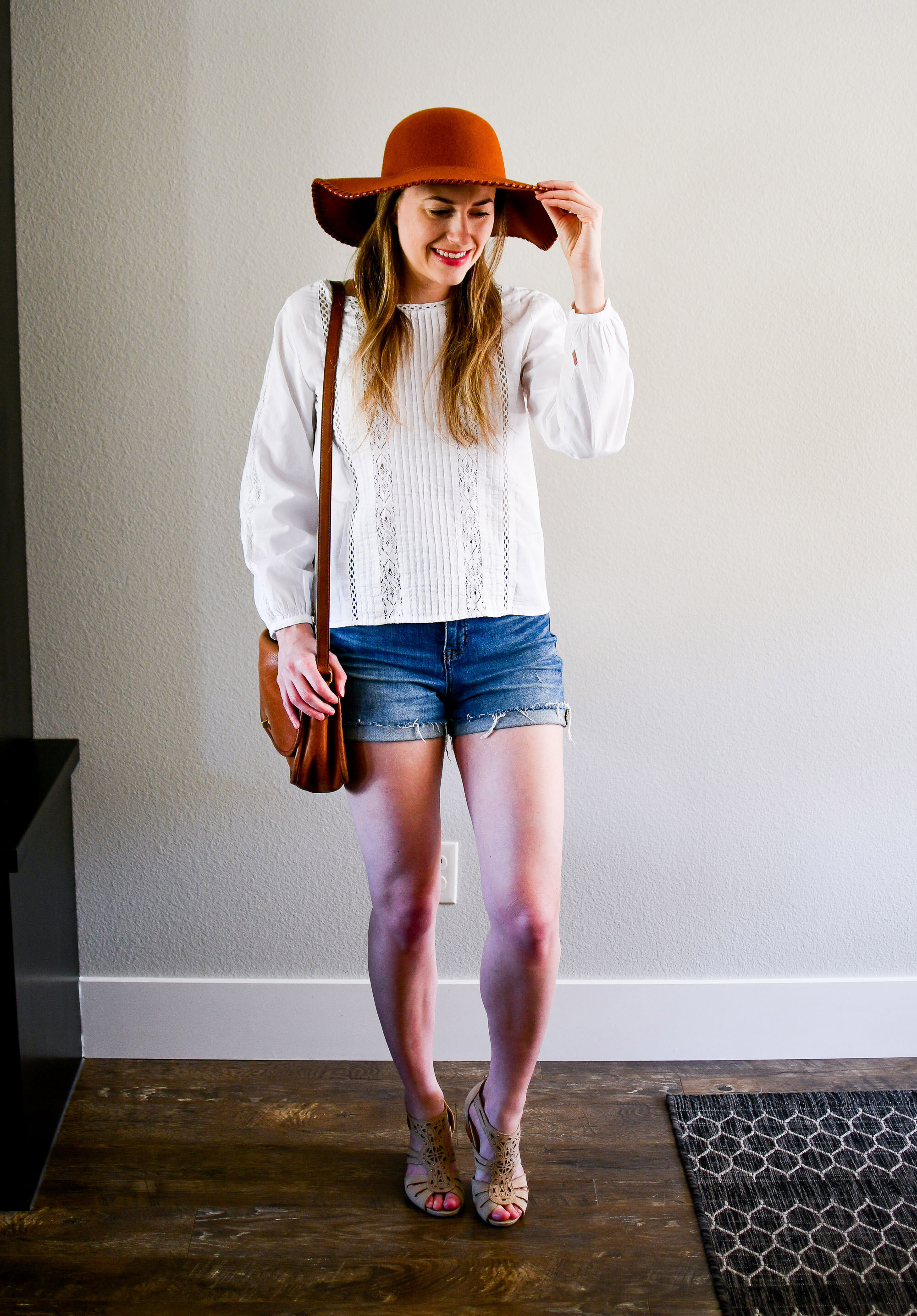 Vetta Capsule lace button up blouse spring outfit with cognac floppy hat and vintage Coach bag — Cotton Cashmere Cat Hair