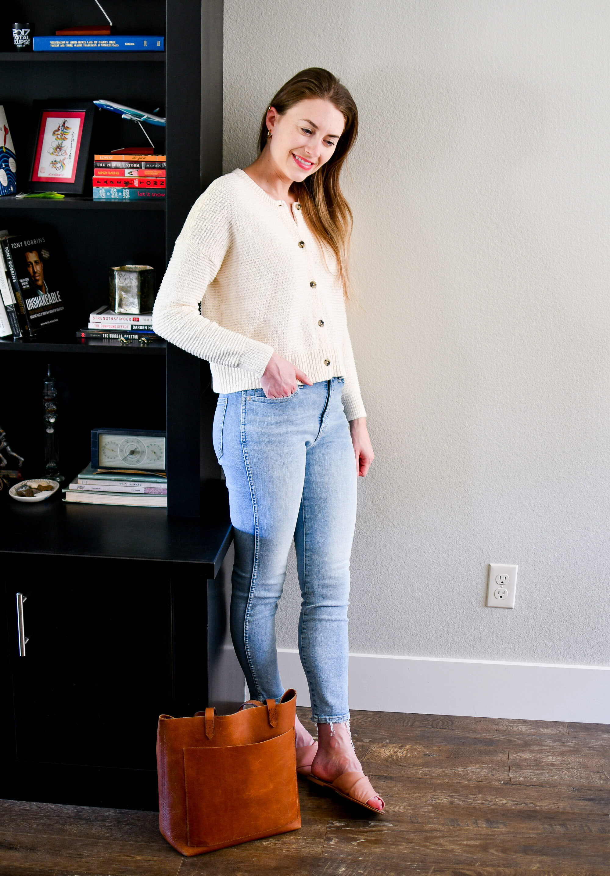 Madewell Deville cardigan sweater spring casual work outfit — Cotton Cashmere Cat Hair