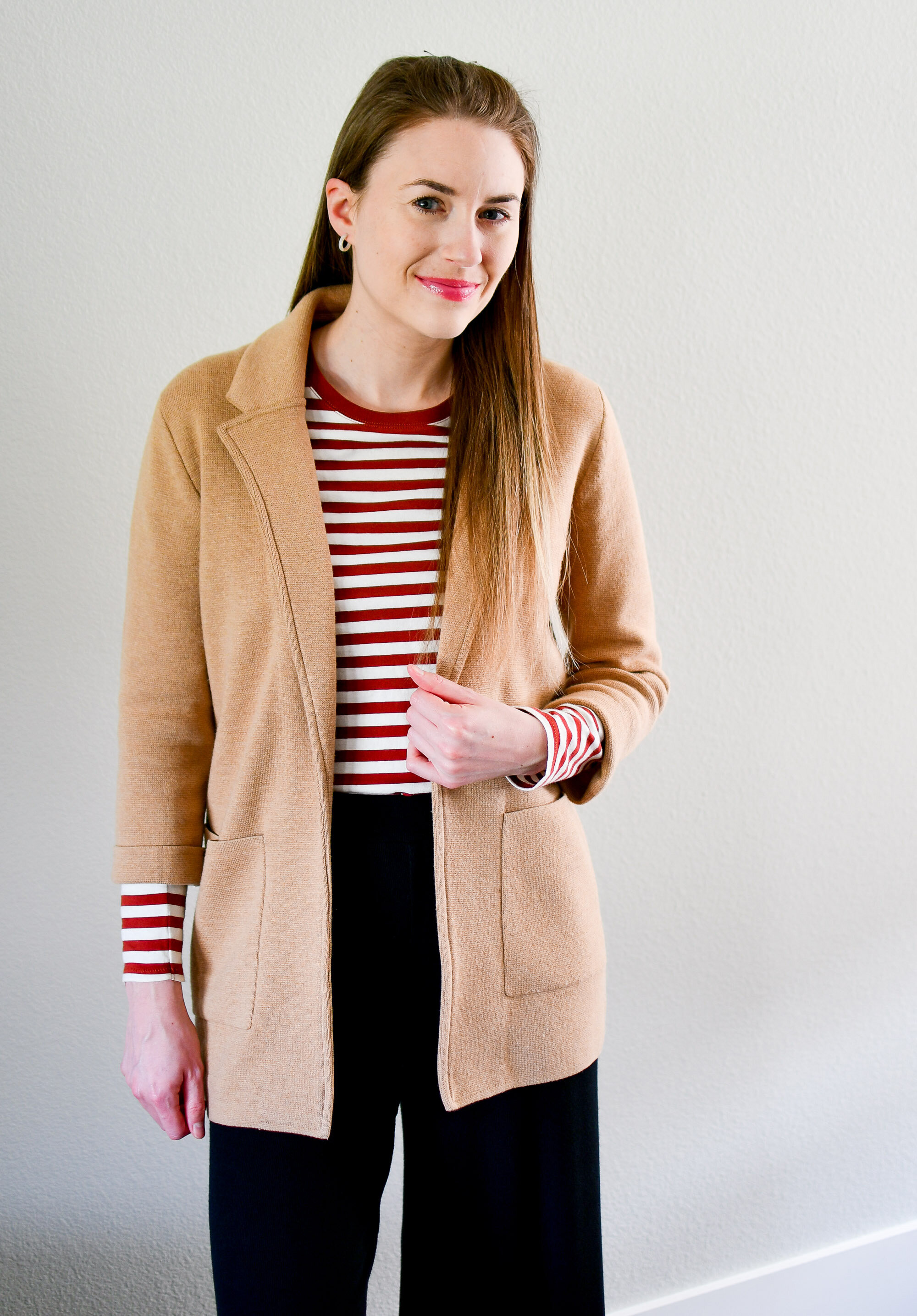 J.Crew sweater blazer spring outfit with red striped tee — Cotton Cashmere Cat Hair