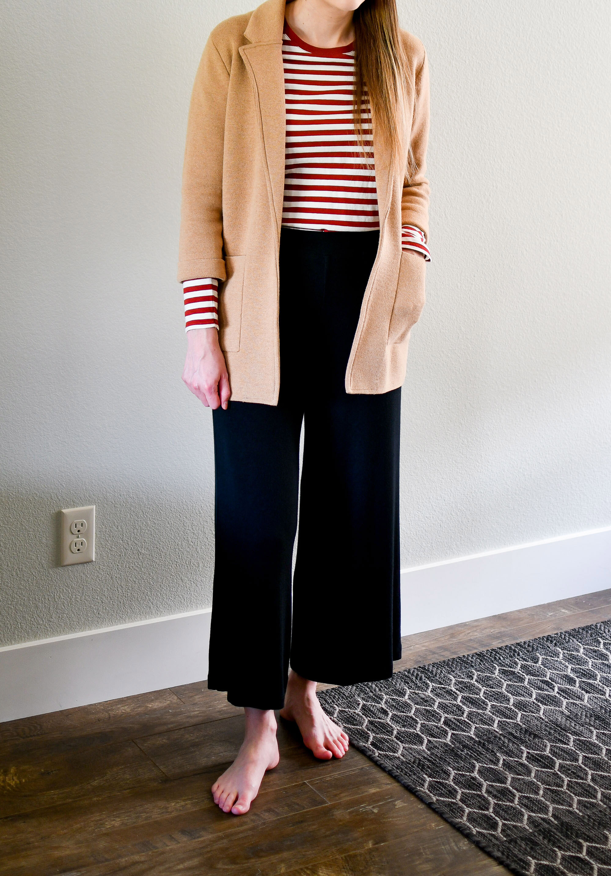 J.Crew sweater blazer, red striped tee, black wide leg lounge pants spring work outfit — Cotton Cashmere Cat Hair