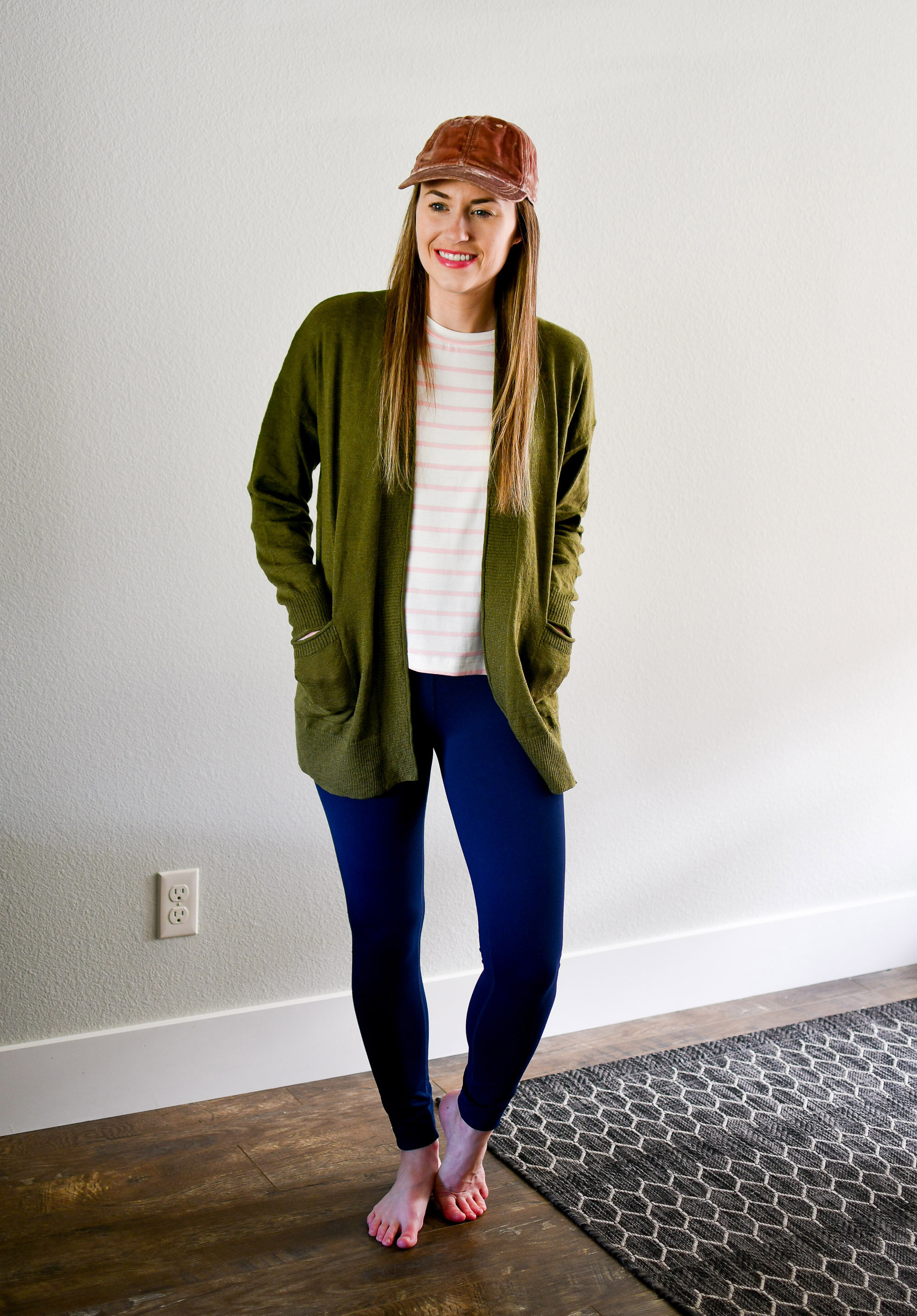 Work from home spring outfit with green cardigan, pink striped tee, navy leggings — Cotton Cashmere Cat Hair