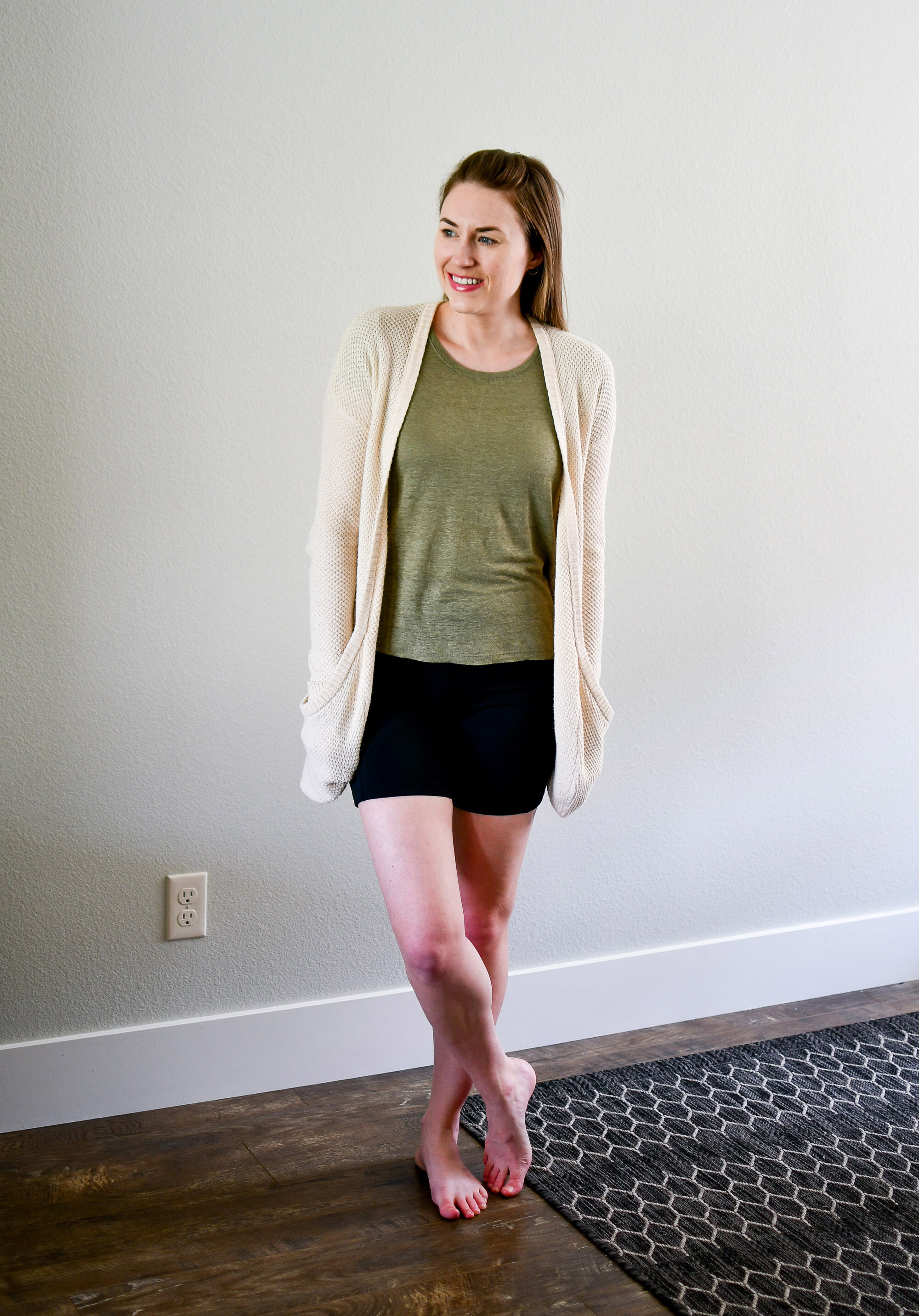 Everlane green linen tee casual spring outfit with Zella bike shorts — Cotton Cashmere Cat Hair