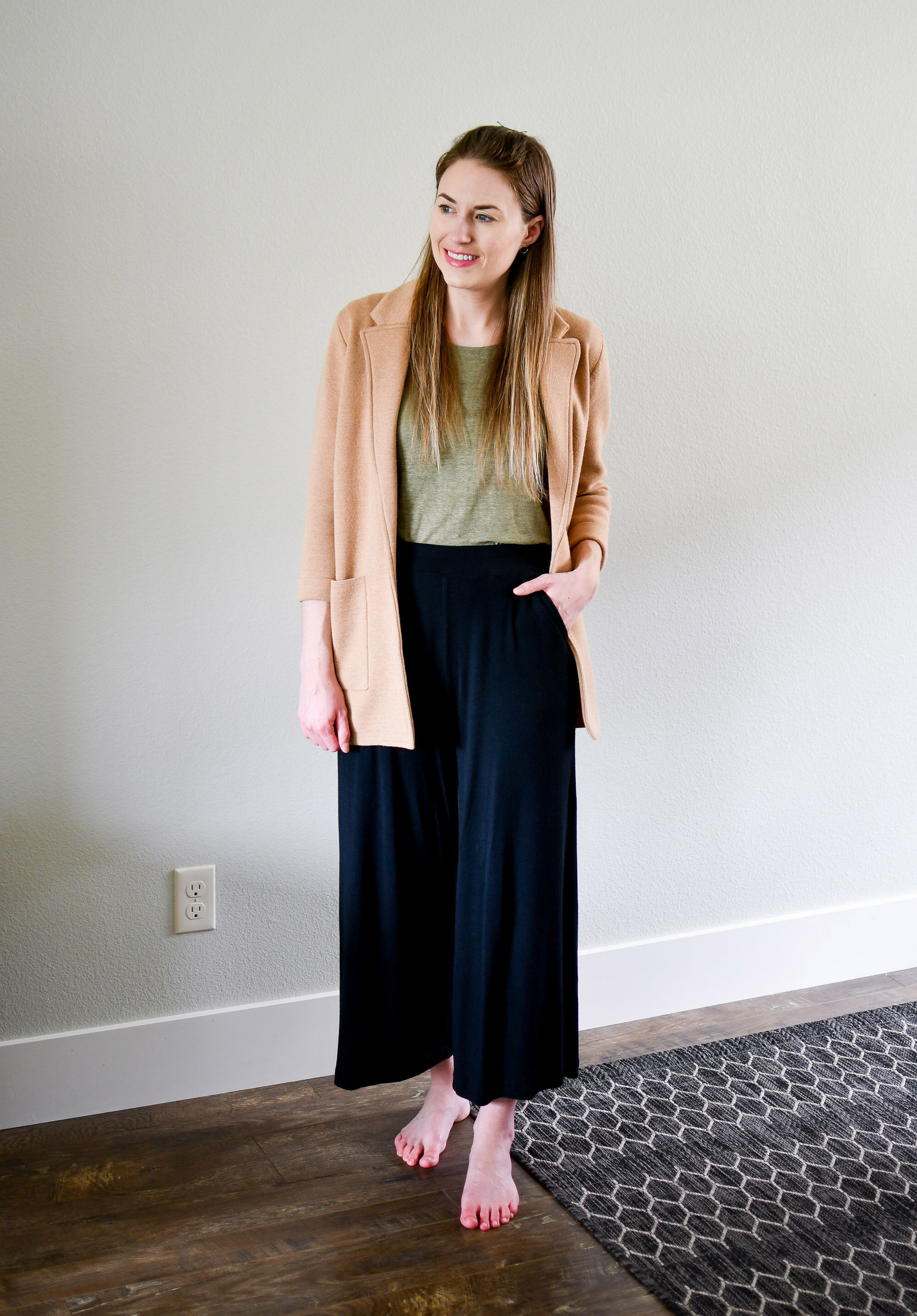 Casual work from home outfit with camel sweater blazer, green linen tee, wide leg lounge pants — Cotton Cashmere Cat Hair
