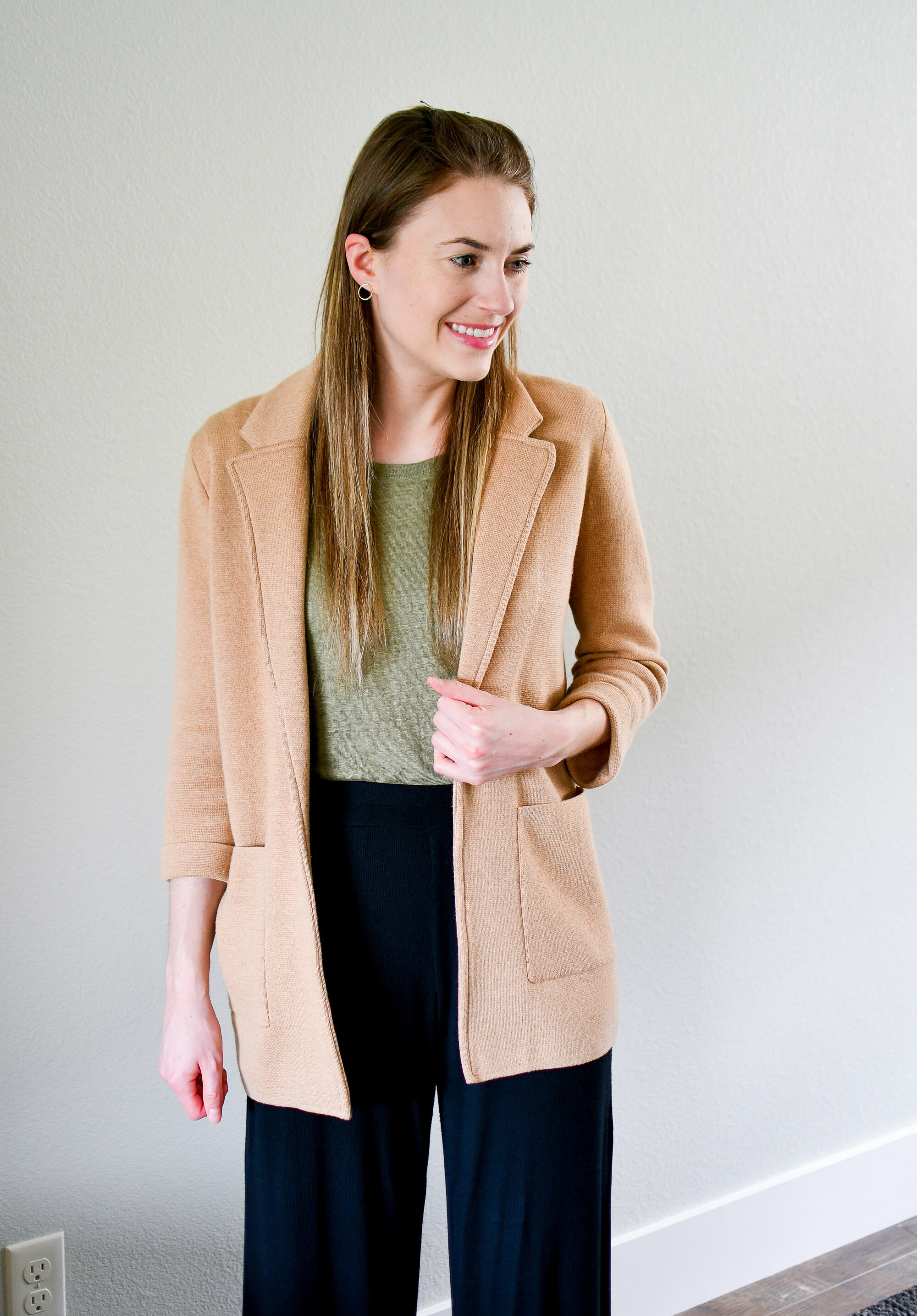 Camel sweater blazer work outfit with green linen tee — Cotton Cashmere Cat Hair