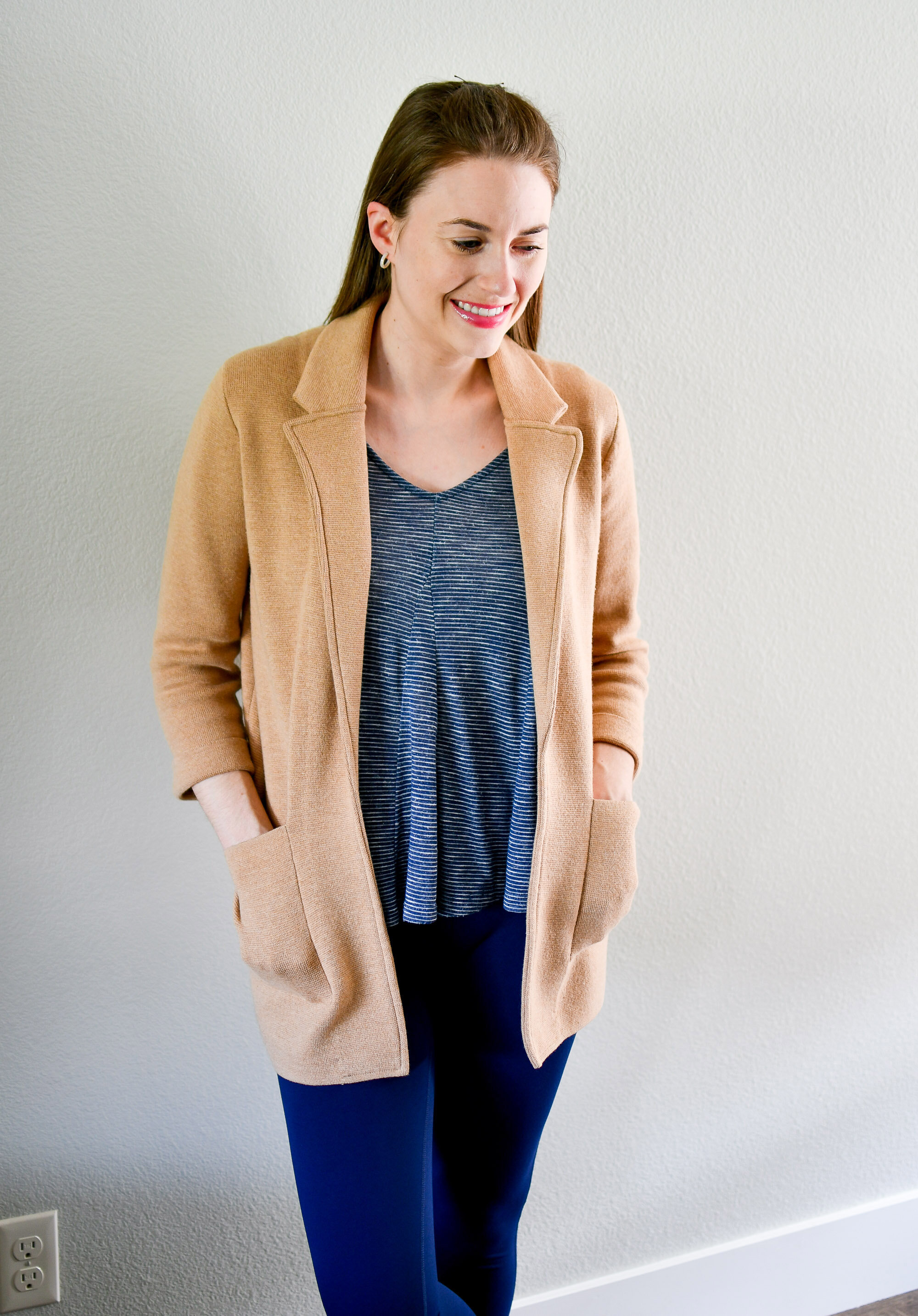 Spring outfit with camel sweater blazer and navy striped swing top — Cotton Cashmere Cat Hair