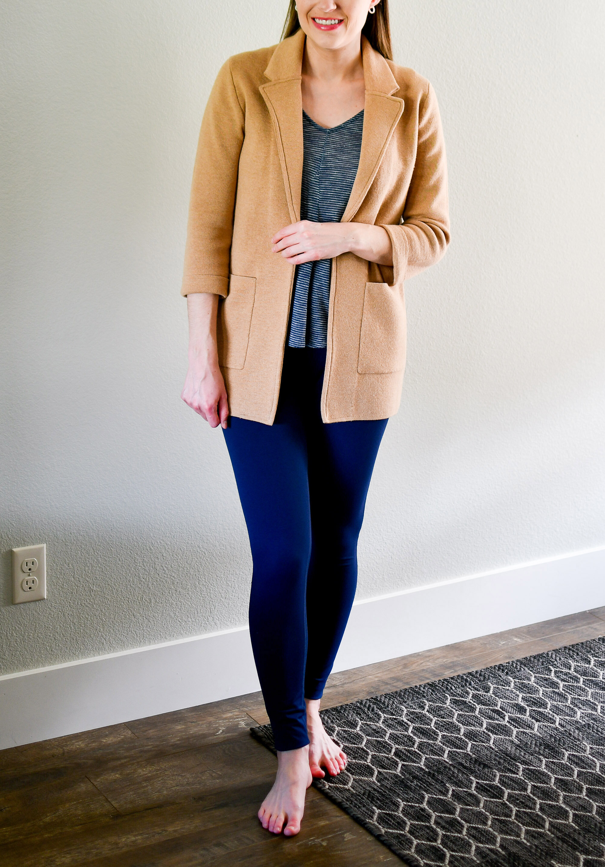 J.Crew camel sweater blazer and Zella navy leggings spring outfit — Cotton Cashmere Cat Hair