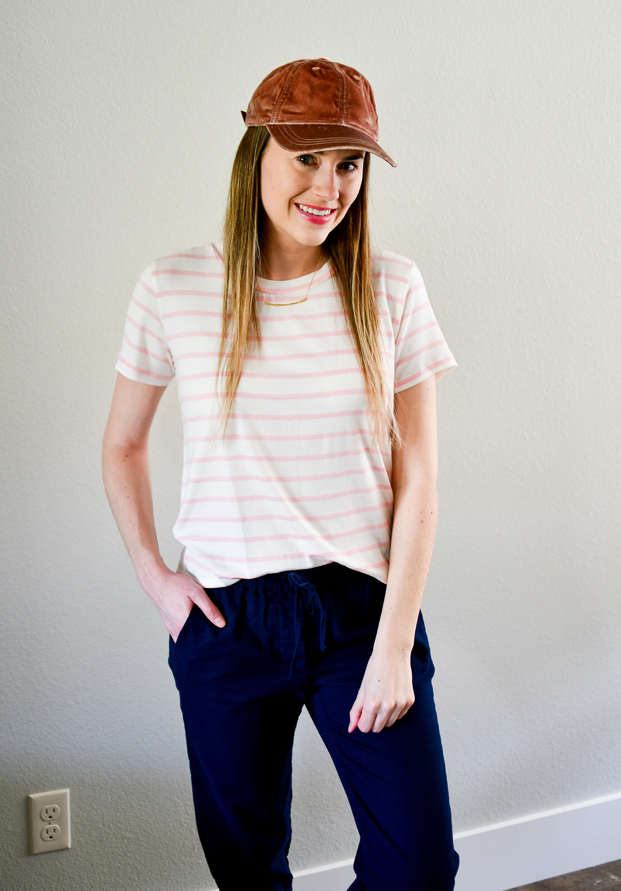 Amour Vert Berkeley tee in peony stripes spring outfit with velvet baseball cap — Cotton Cashmere Cat Hair