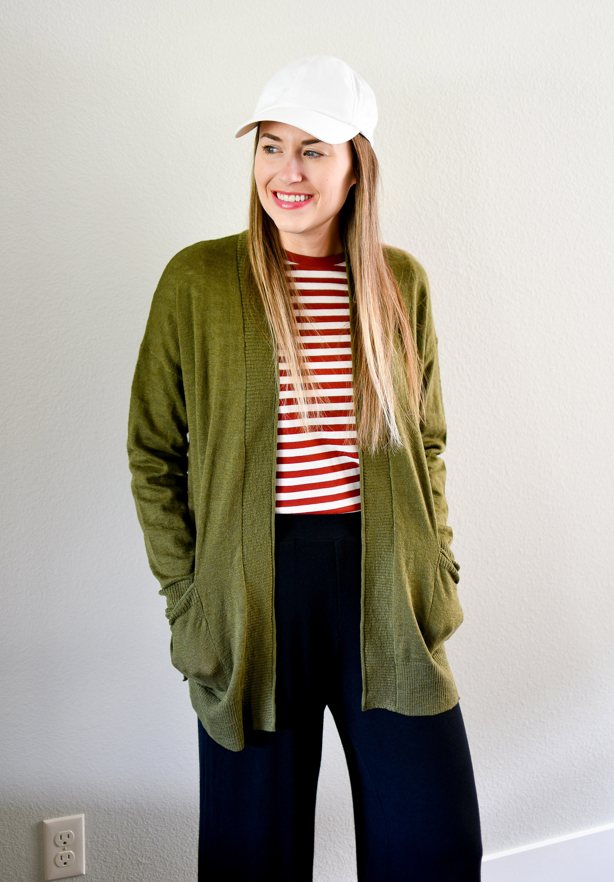 Casual spring outfit with kale green cardigan and dark red striped tee — Cotton Cashmere Cat Hair