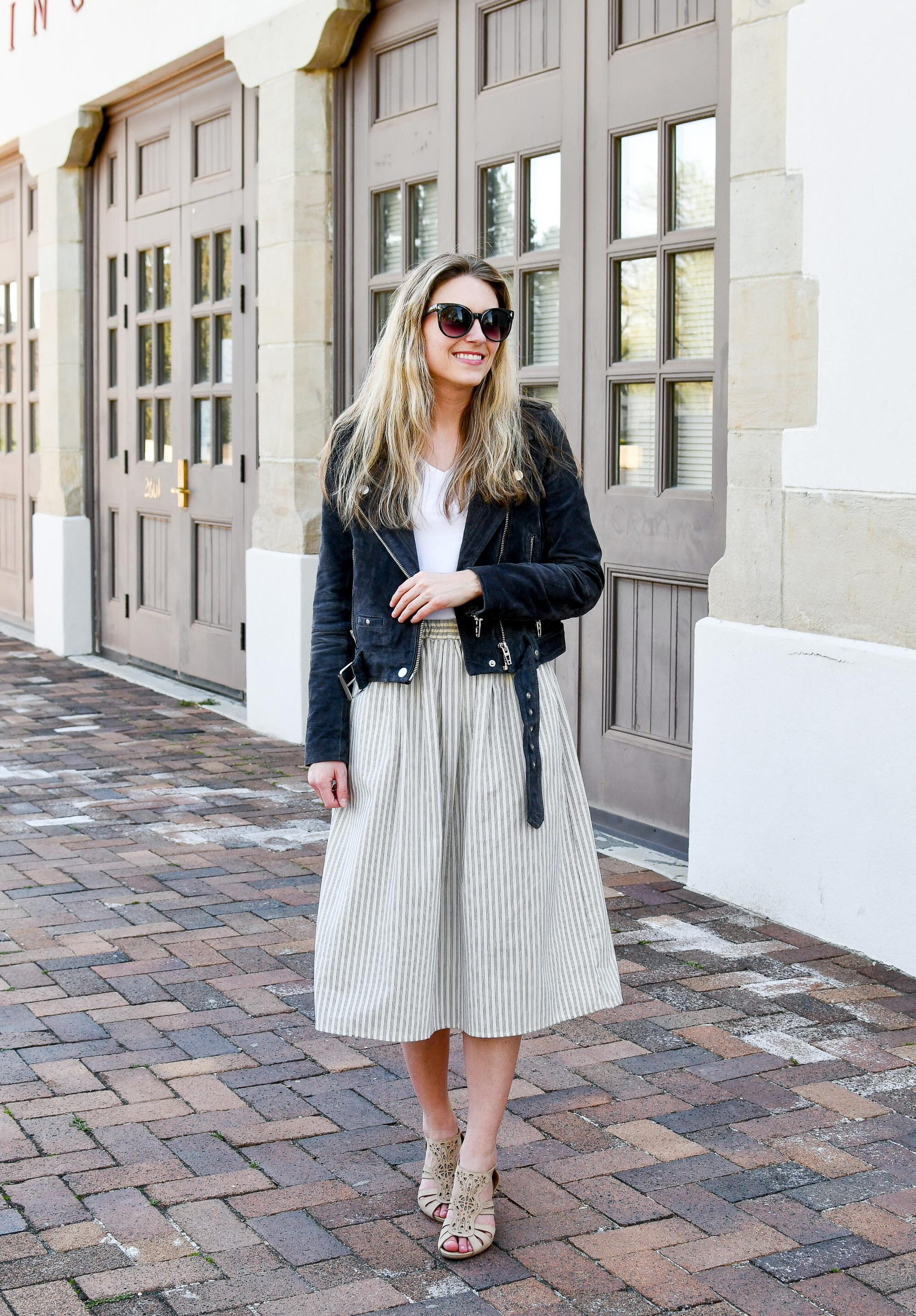My style: Midi skirts (Greta striped skirt by Amour Vert) — Cotton Cashmere Cat Hair