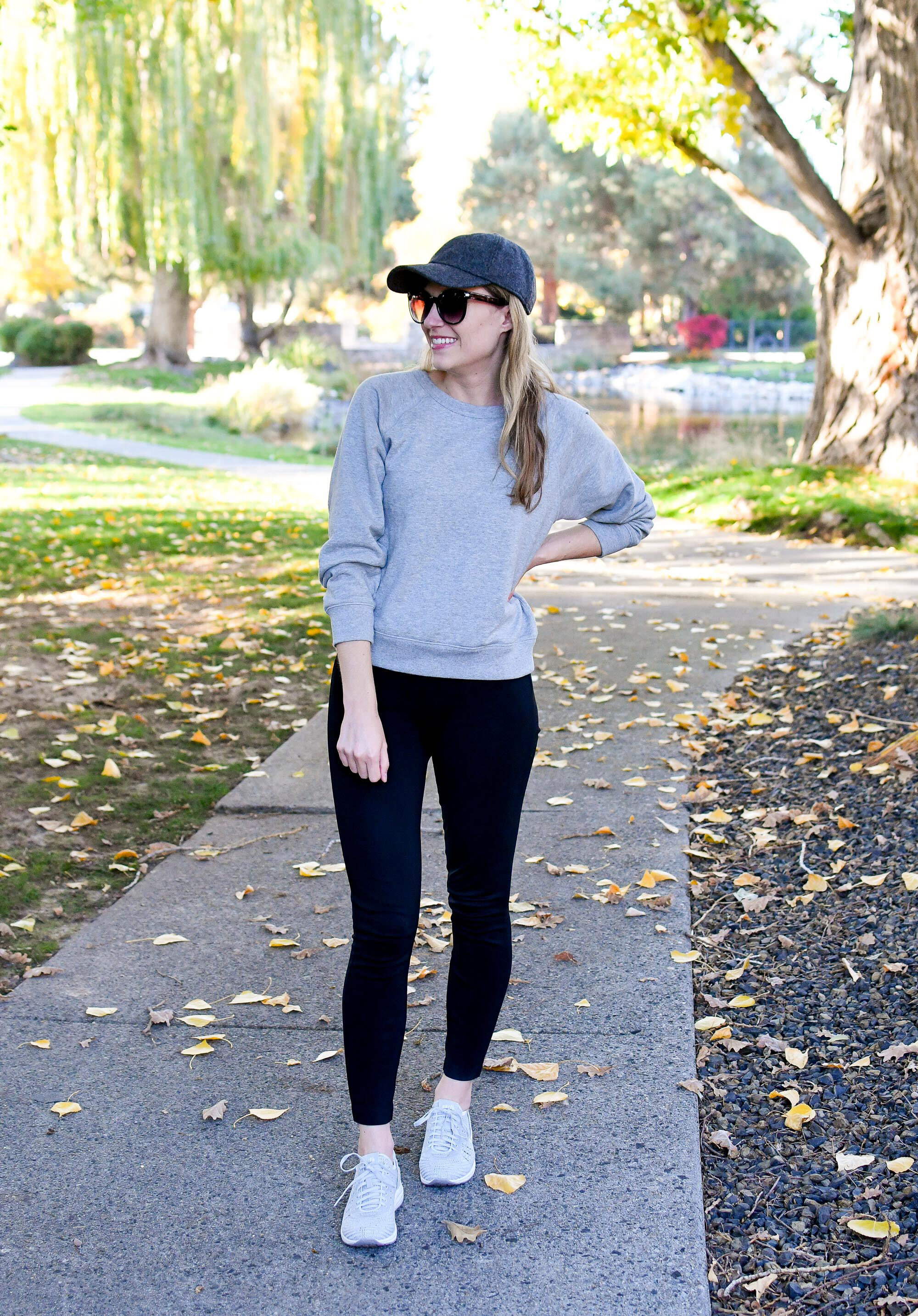 Fall outfit to wear to work from home / grey sweatshirt + leggings + sneakers + wool baseball cap — Cotton Cashmere Cat Hair