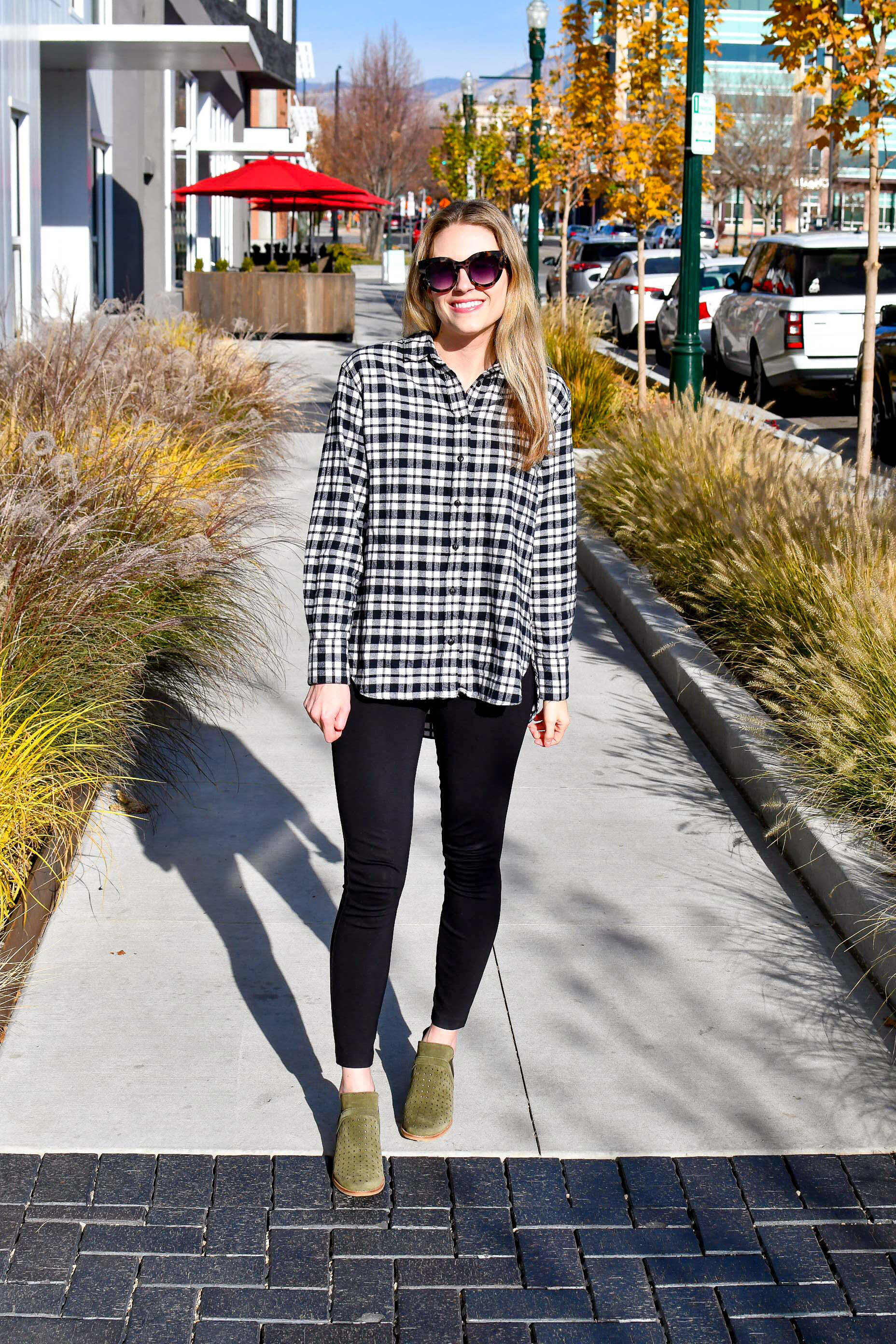 Fall outfit to wear to work from home / black white flannel shirt + ponte pants + olive ankle boots — Cotton Cashmere Cat Hair