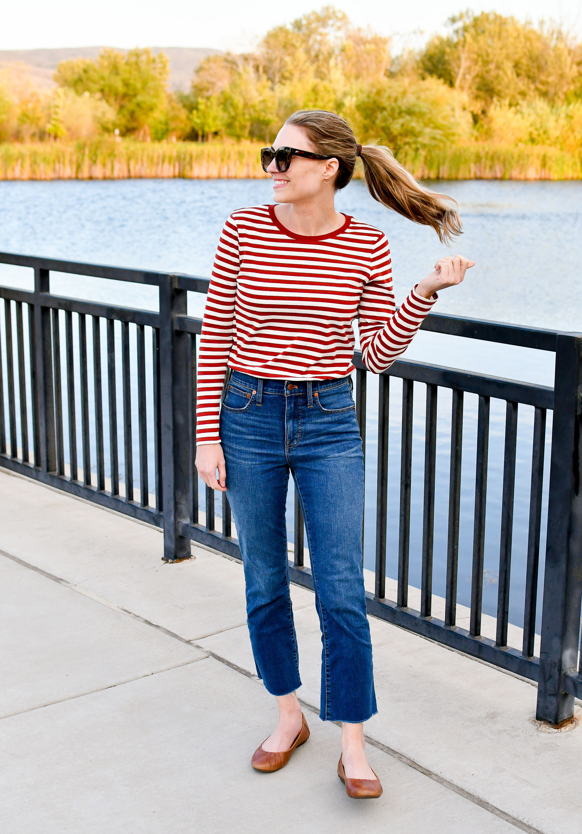 Fall outfit to wear to work from home / dark red striped tee + demi-boot jeans + brown flats — Cotton Cashmere Cat Hair