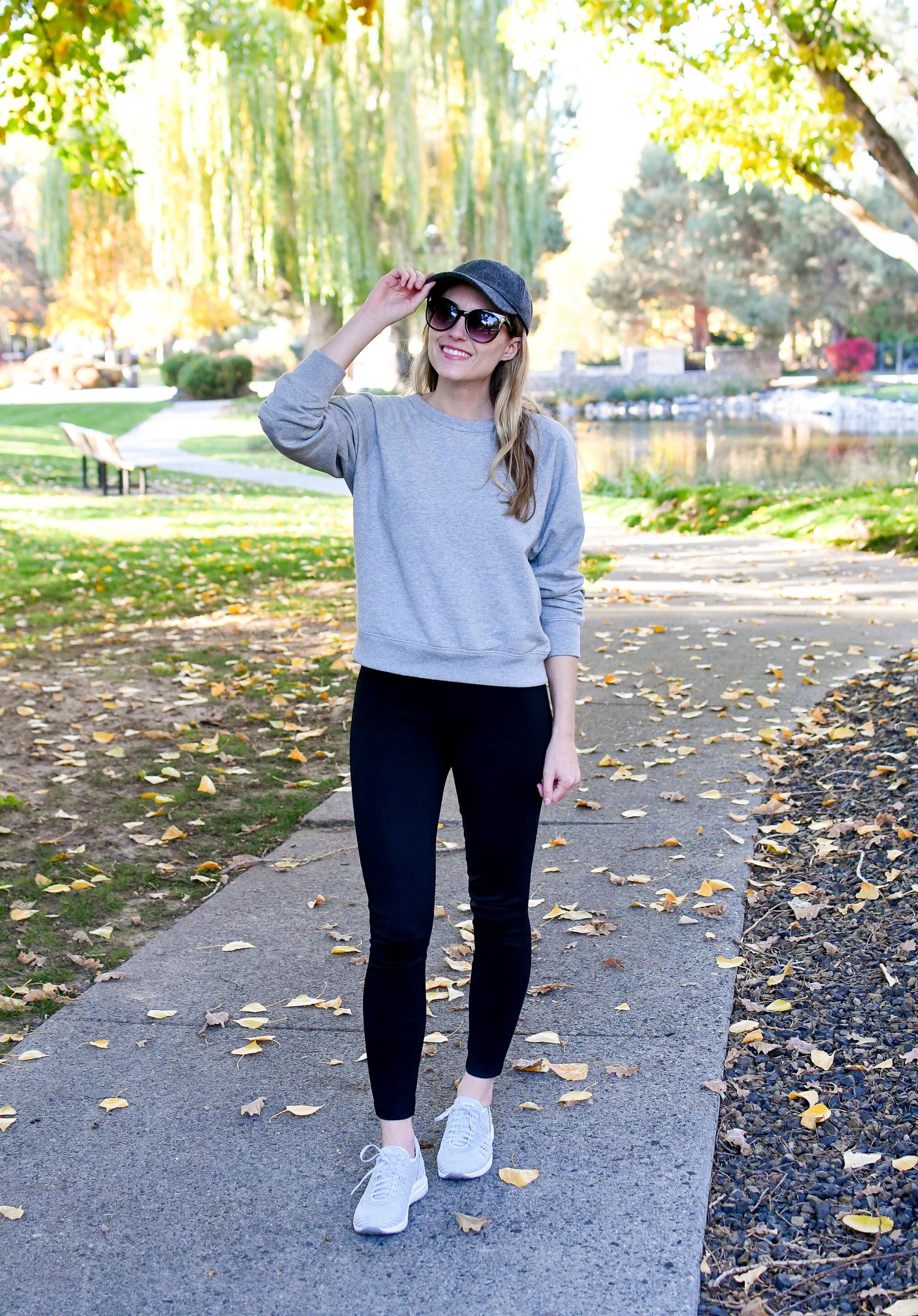 Casual activewear fall outfit with Earth Vital mesh sneakers and Everlane sweatshirt — Cotton Cashmere Cat Hair