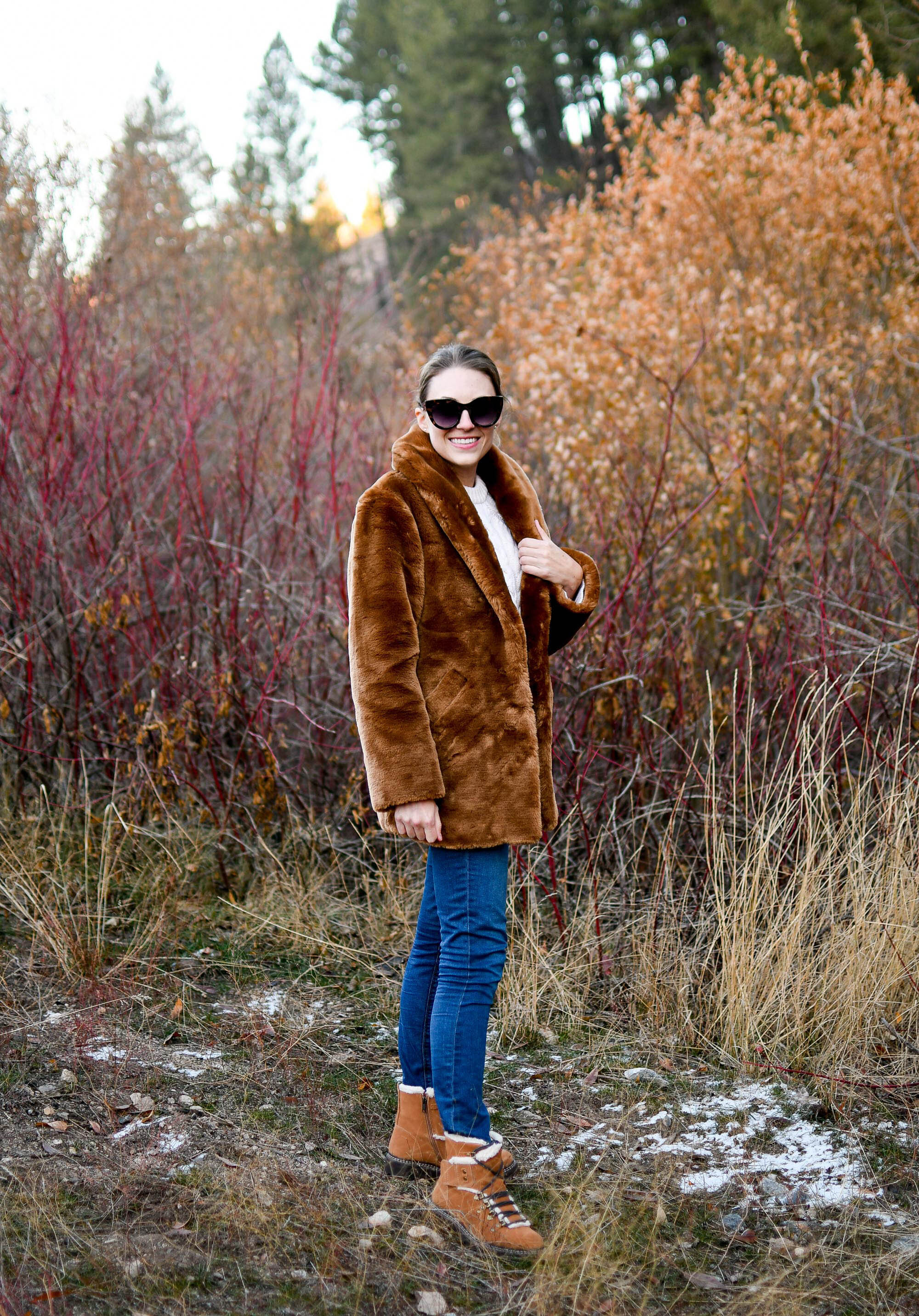 Casual outdoors fall winter outfit with faux fur coat and Earth Glacier waterproof boots — Cotton Cashmere Cat Hair