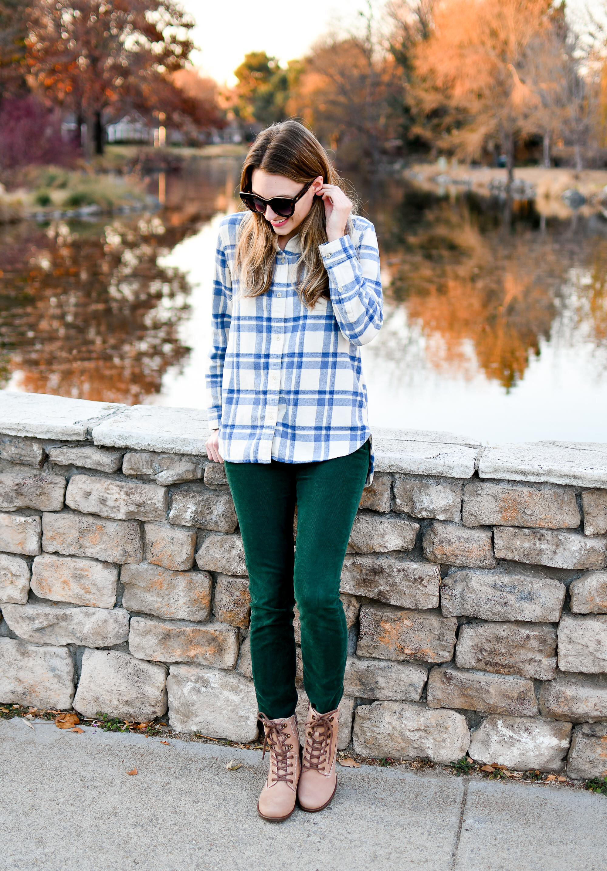 Colorful and casual fall outfit with plaid flannel shirt, green corduroy pants, Earth Anchor boots — Cotton Cashmere Cat Hair