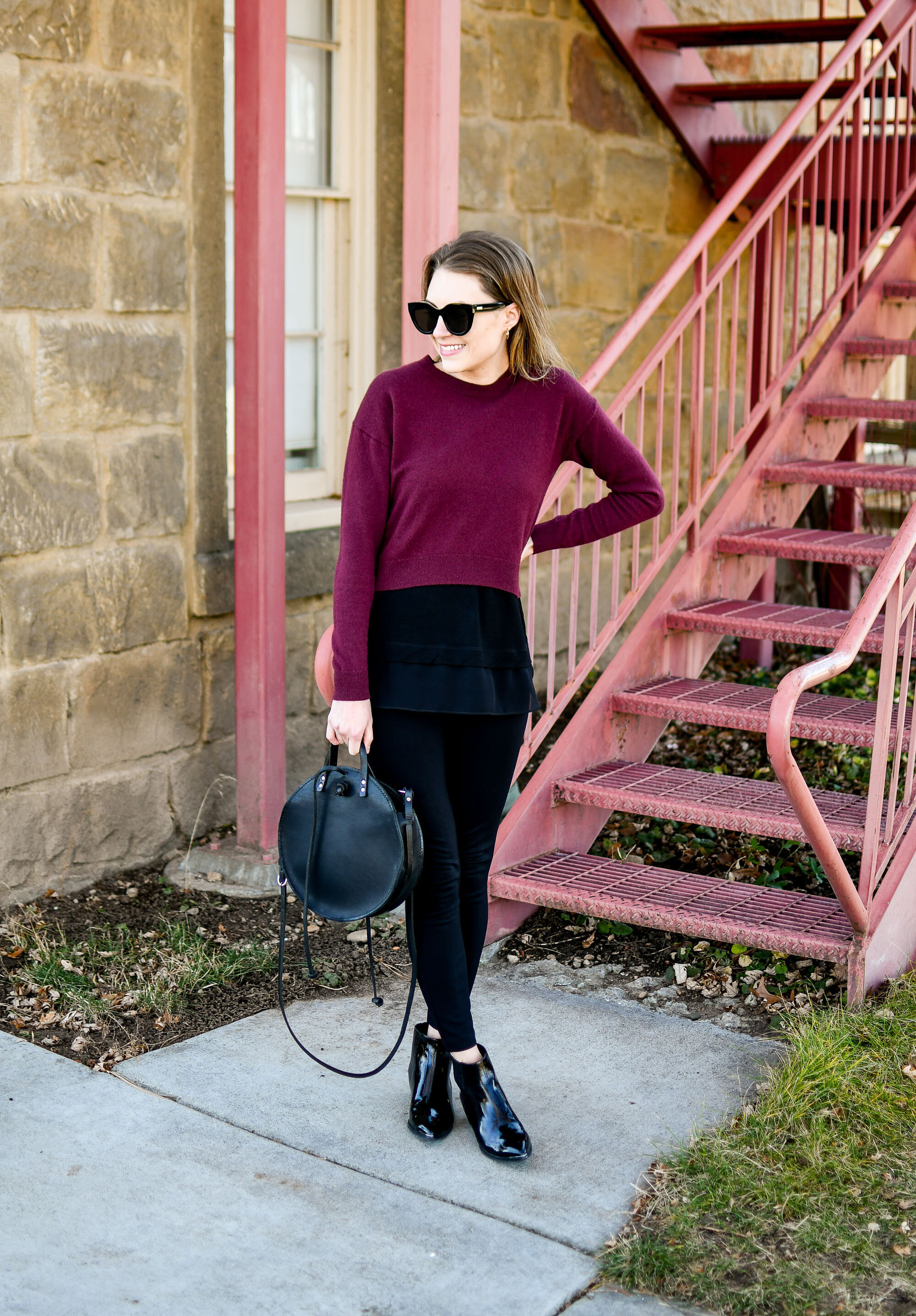 Thanksgiving outfit idea with ponte pants and burgundy cropped cashmere sweater layered over a black tank — Cotton Cashmere Cat Hair