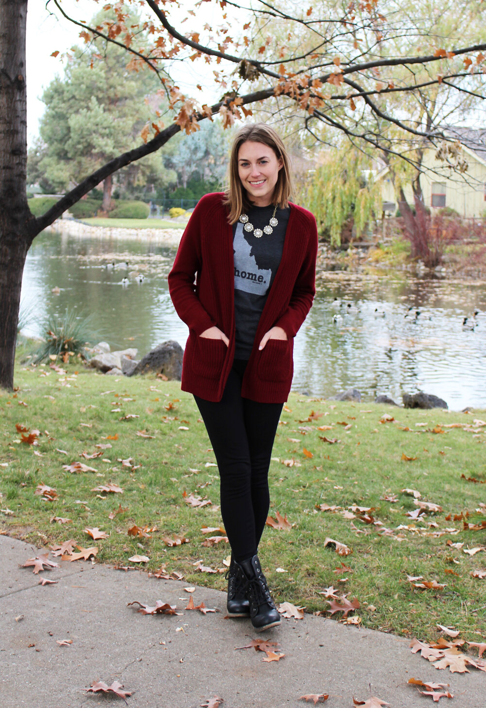 Thanksgiving outfit idea with ponte pants, burgundy knit cardigan, The Home T — Cotton Cashmere Cat Hair
