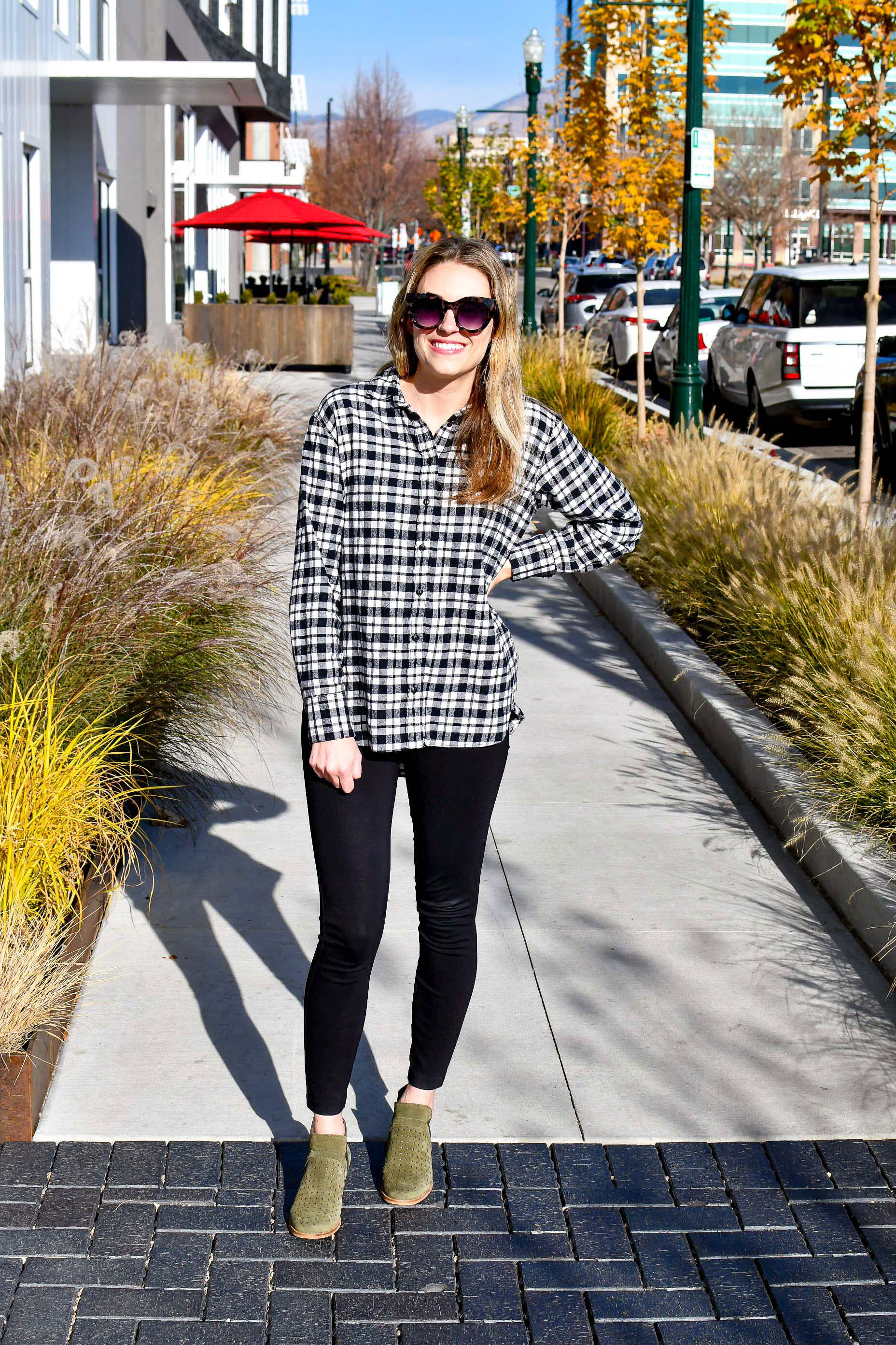 Thanksgiving outfit idea with ponte pants and black and white plaid flannel shirt — Cotton Cashmere Cat Hair