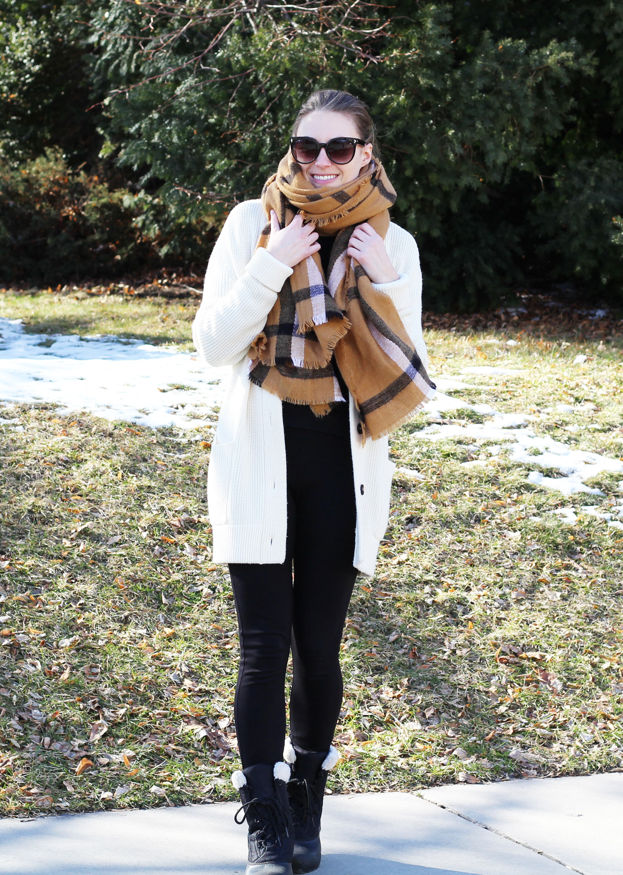 Thanksgiving outfit idea with ponte pants, camel plaid scarf, ivory chunky knit cardigan — Cotton Cashmere Cat Hair