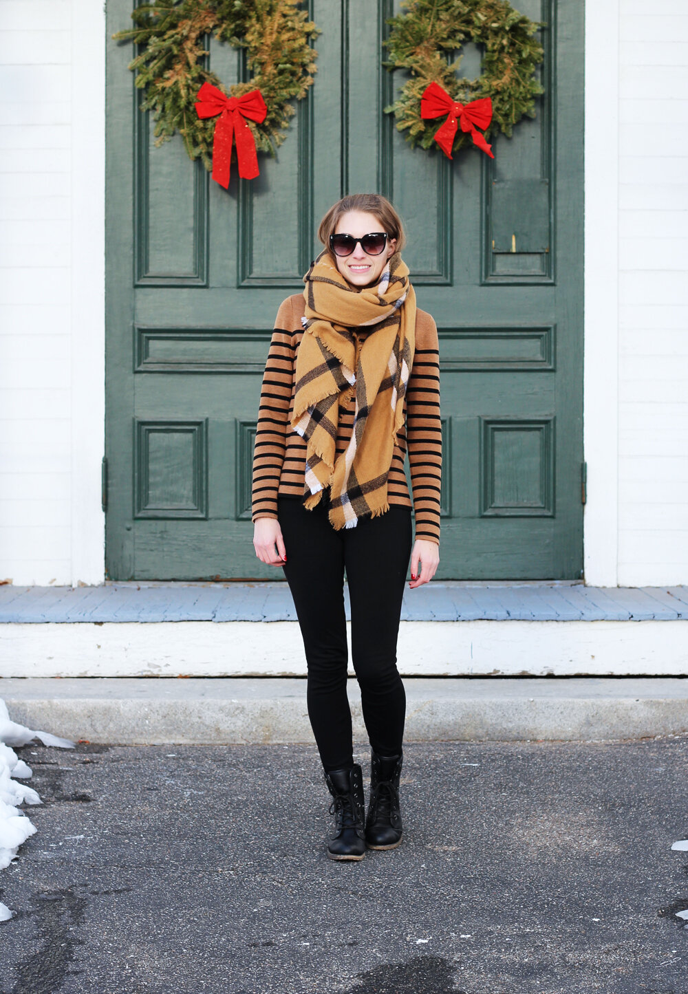 Thanksgiving outfit idea with ponte pants, camel plaid scarf, camel striped sweater — Cotton Cashmere Cat Hair