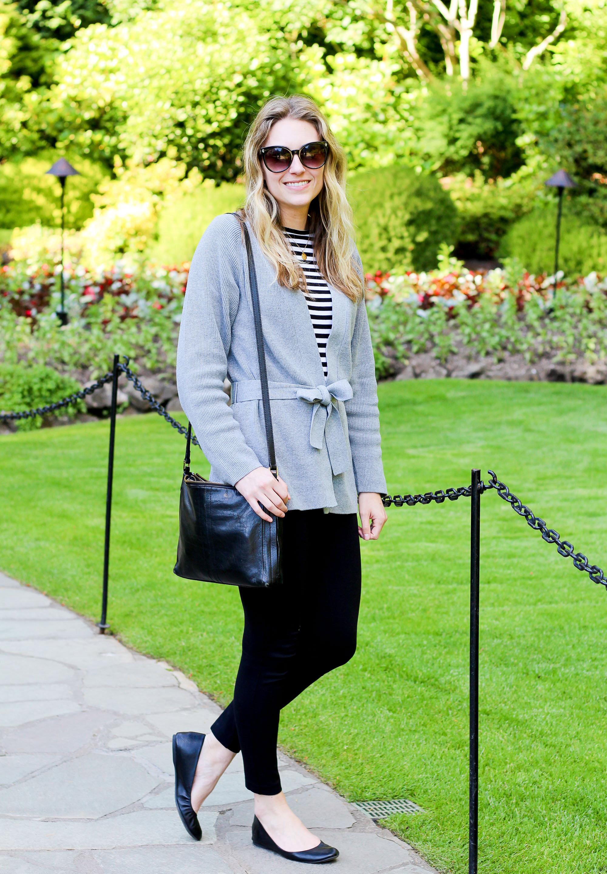 Thanksgiving outfit idea with ponte pants, grey wrap cardigan, black and white striped tee — Cotton Cashmere Cat Hair