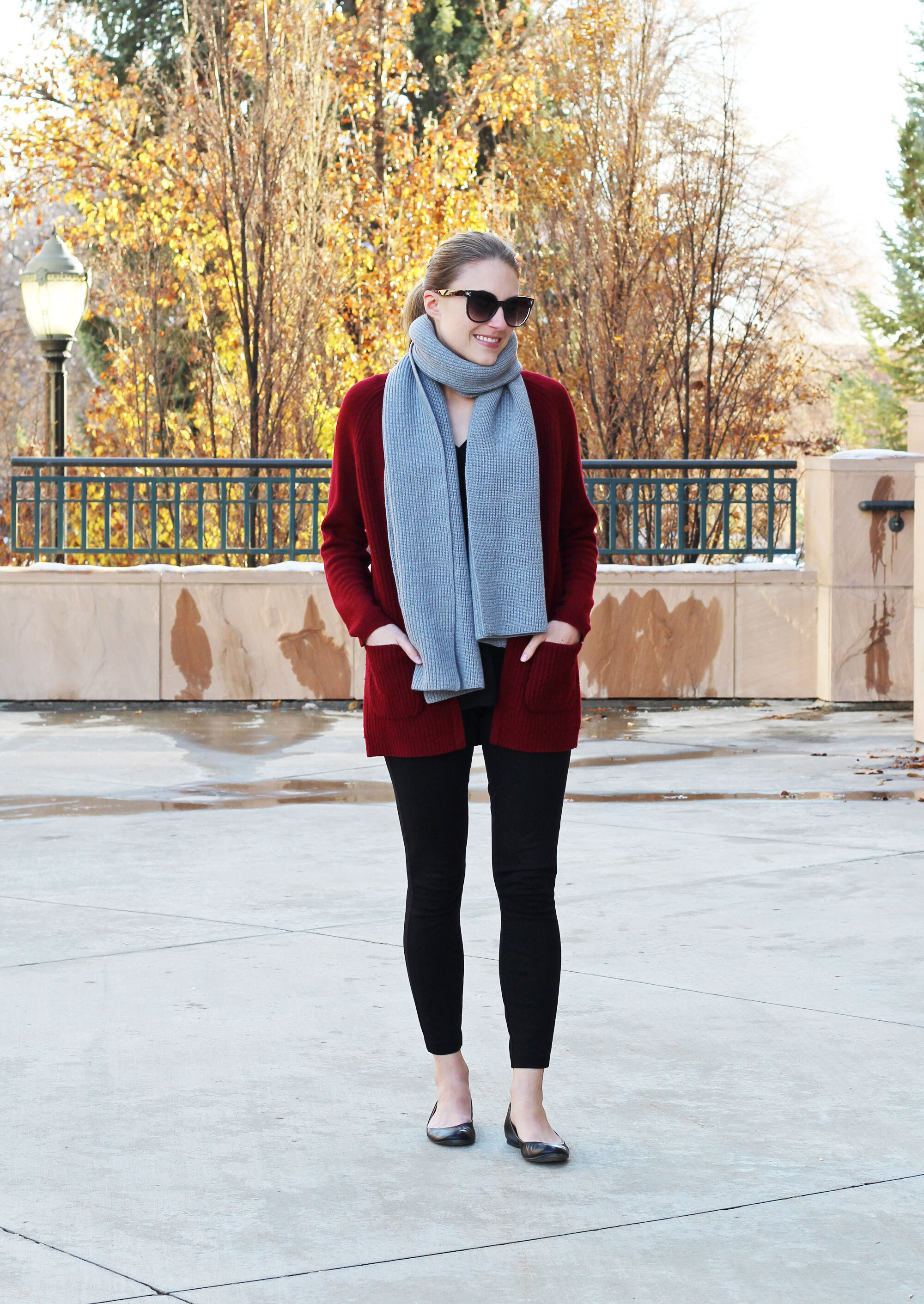 Thanksgiving outfit idea with ponte pants, burgundy knit cardigan, grey wool scarf — Cotton Cashmere Cat Hair