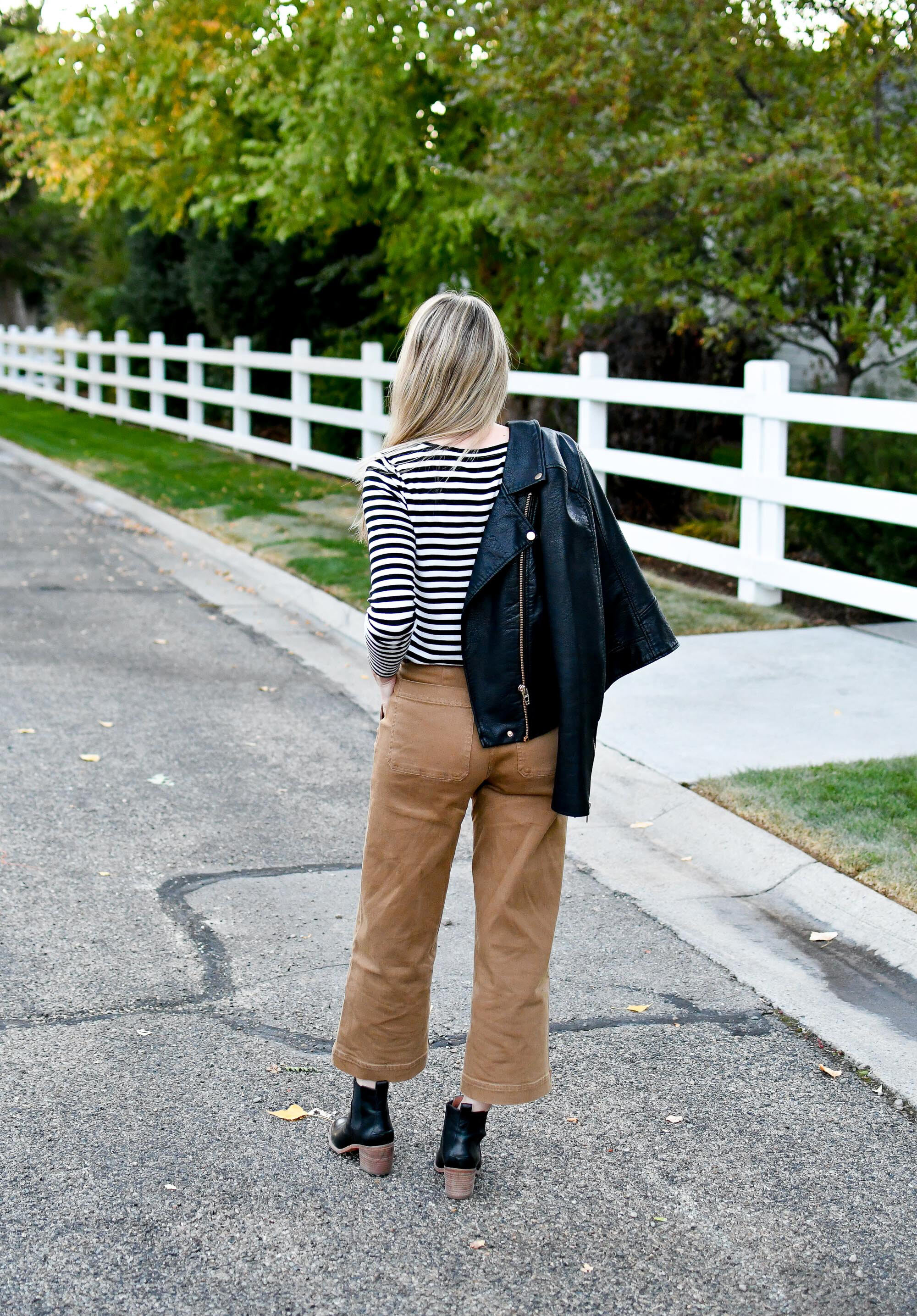 Everlane wide leg crop pants fall spring outfit with faux leather jacket, black white striped tee, and Madewell Frankie ankle boots — Cotton Cashmere Cat Hair