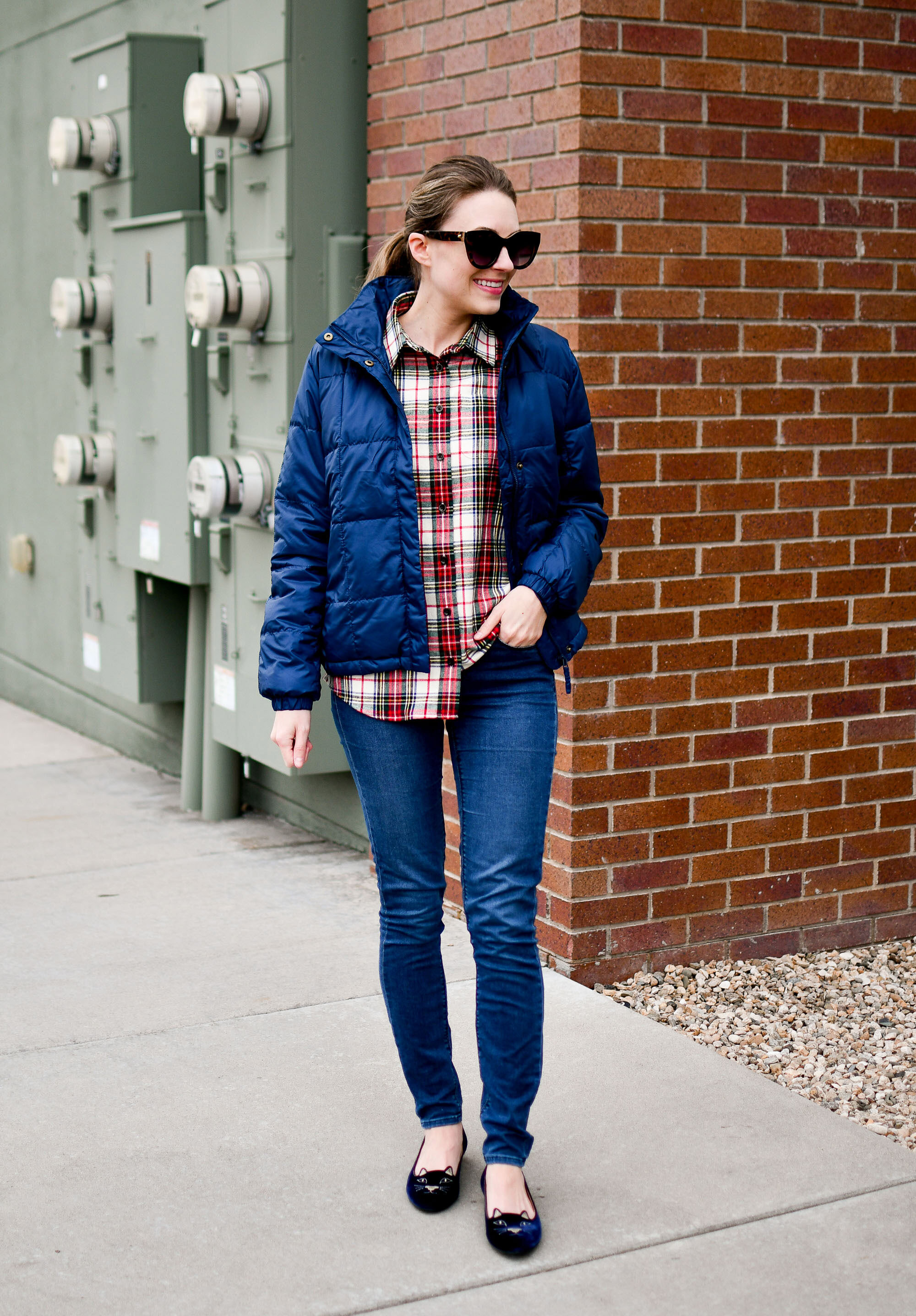 Holiday outfit idea: navy packable puffer coat, Stewart Victoria tartan flannel shirt, skinny jeans, navy velvet kitty flats — Cotton Cashmere Cat Hair