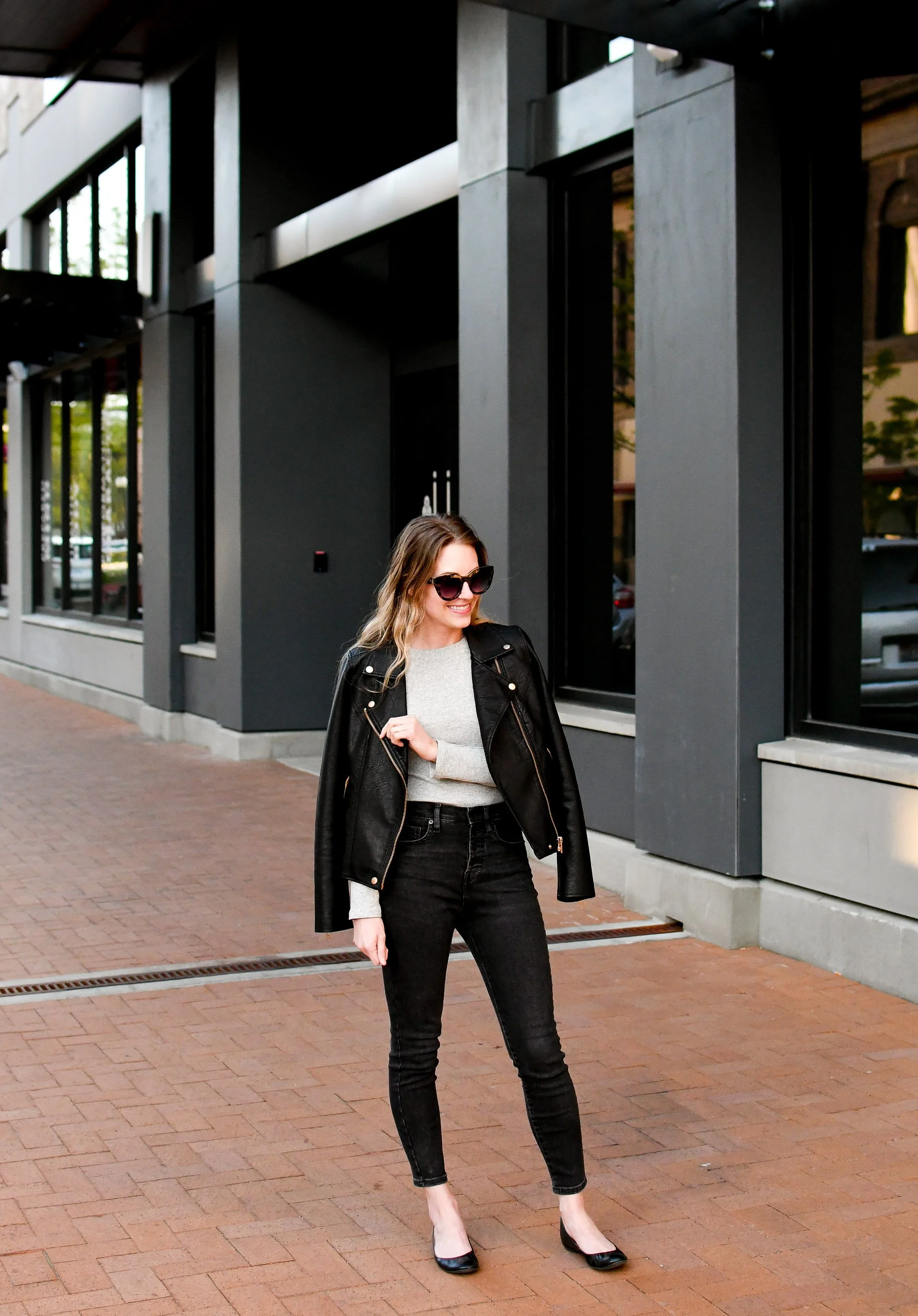 Blank NYC Life Changer faux leather moto jacket + grey ribbed tee + washed black skinny jeans + black flats | how to style a leather moto jacket | Cotton Cashmere Cat Hair